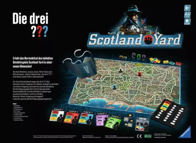 Schachtel des Scotland Yard Brettspiels. Enthält eine Karte, Karten und Spielsteine. Der Titel lautet 'Die drei ???'. Die Box ist dunkel mit verschiedenen Farben.