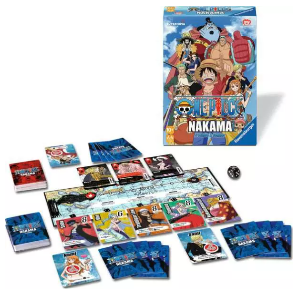 Ein One-Piece-Brettspielkarton und Spielkomponenten sind ausgebreitet. Karten, Spielbrett, Würfel und Charakterkarten sind sichtbar.
