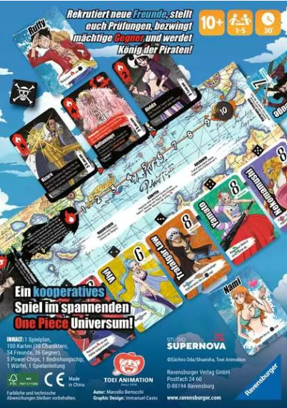Brettspiel. Karten mit Anime-Charakteren. Würfel und Spielbrett sind sichtbar. Text auf Deutsch bewirbt das Spiel.