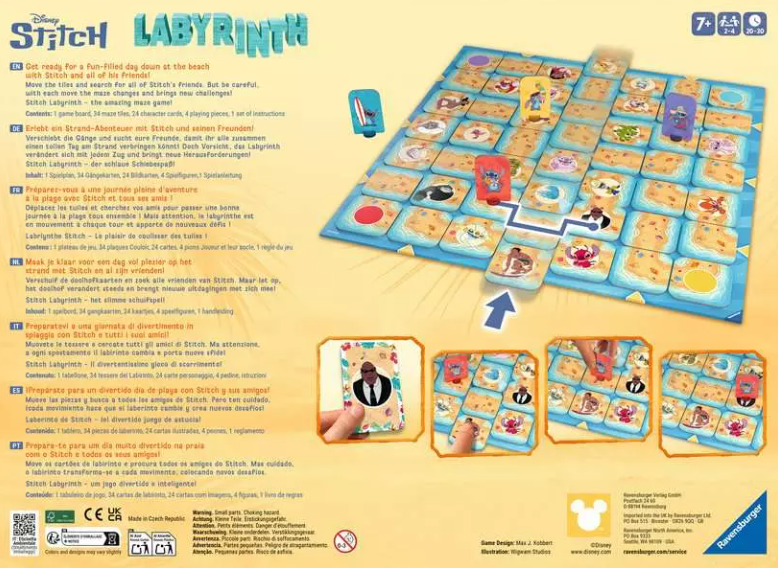 Brettspiel mit Stitch-Charakteren. Kacheln, Karten und Spielfiguren sind sichtbar, zusammen mit Anweisungen.