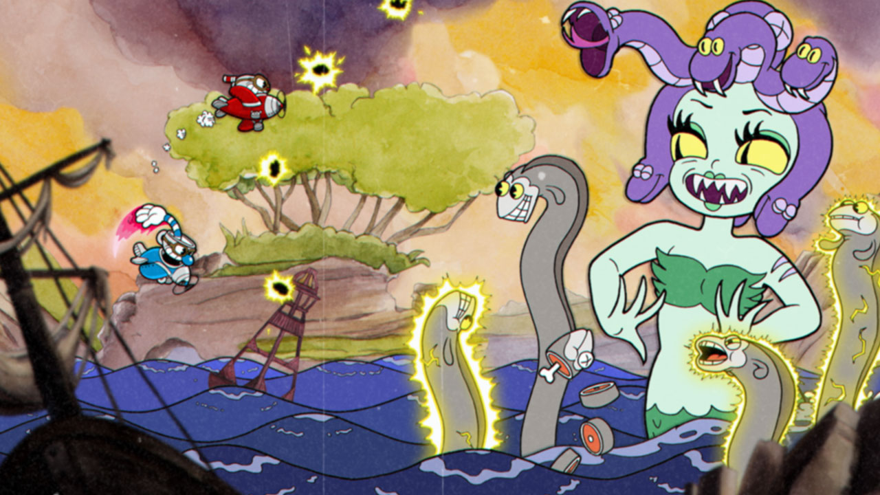 Escena de dibujos animados con un personaje similar a Medusa y criaturas marinas atacando aviones. Hay explosiones y agua.