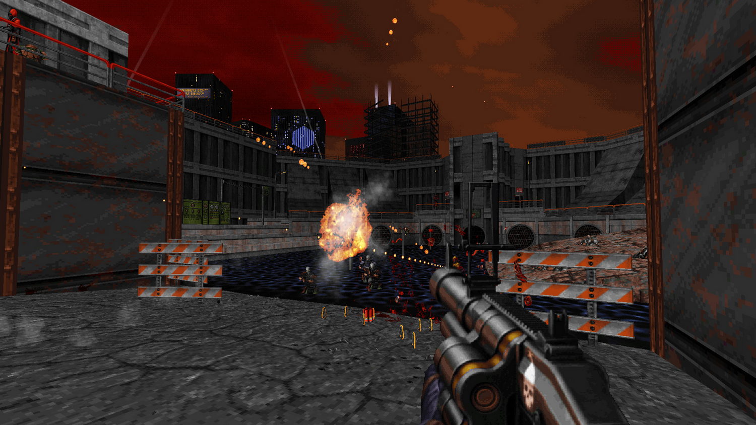 Escena de un juego de disparos en primera persona con un arma apuntando. Una explosión ocurre cerca de enemigos en un entorno urbano bajo un cielo rojo.