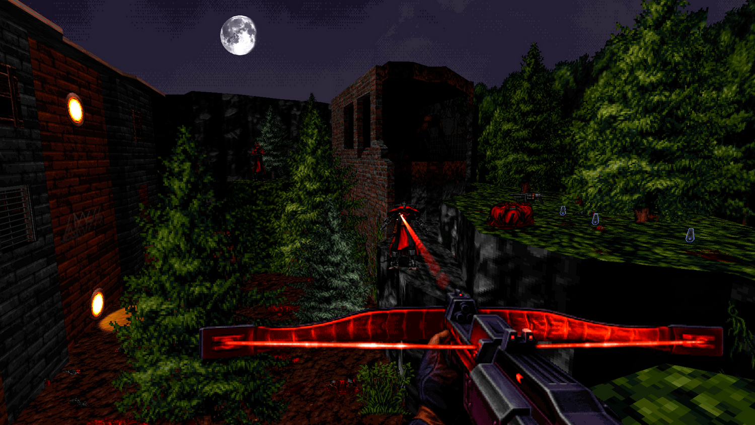 Vista en primera persona de un juego de disparos. Una ballesta apunta a un enemigo con capa roja. Hay luna llena en el cielo.