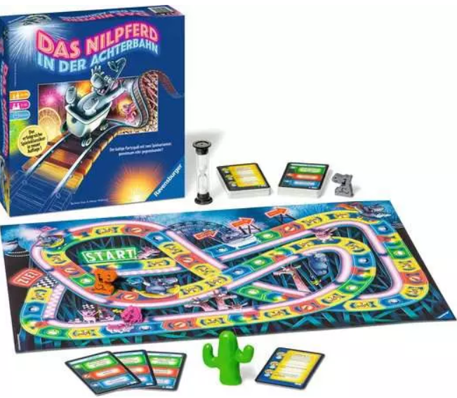 Brettspiel mit Schachtel, Spielbrett, Karten, einem Timer und Spielfiguren. Das Brett ist bunt mit einer Strecke.