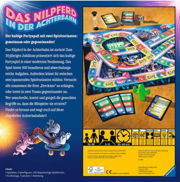 Spielbox mit einem Brettspiel. Enthält Zeichentrick-Nilpferd, Schwein, Spielbrett, Karten, Sanduhr und Kaktus.