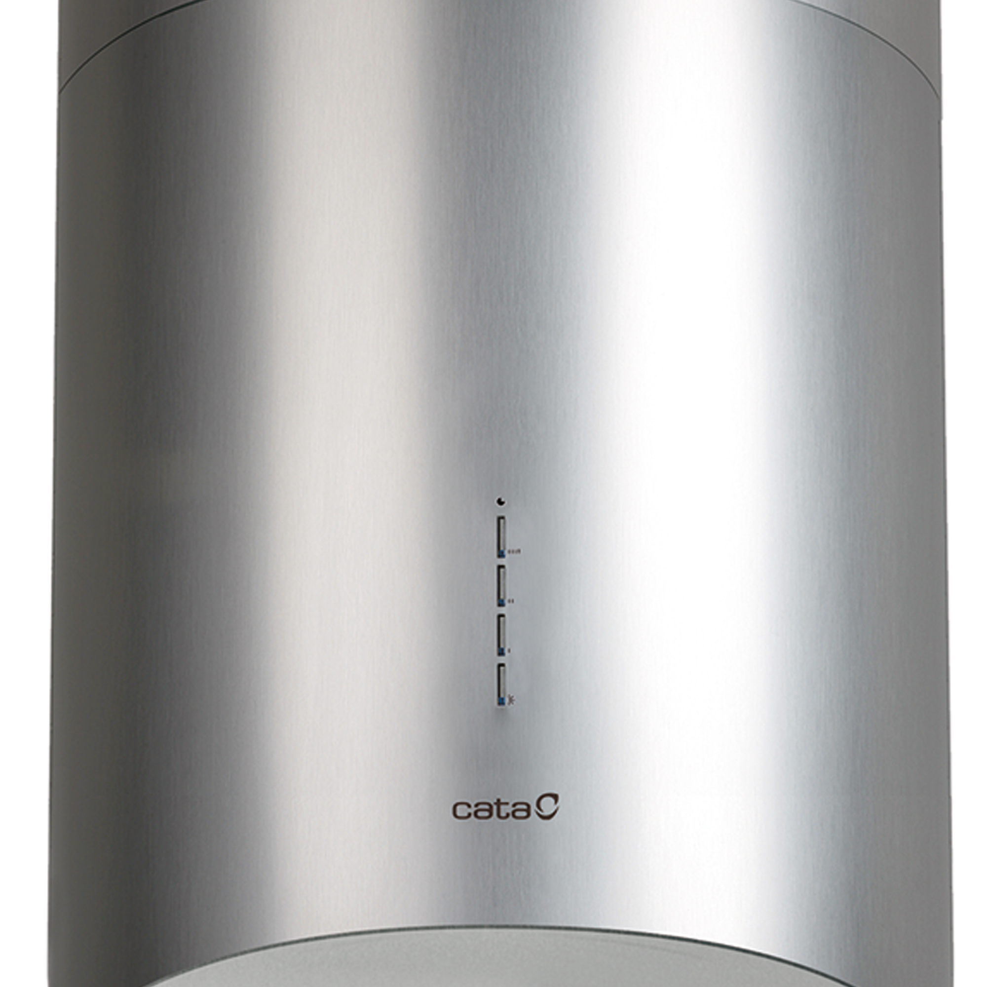 Una campana extractora de cocina de acero inoxidable. Tiene forma cilíndrica con botones de control y el logo 'cata'.