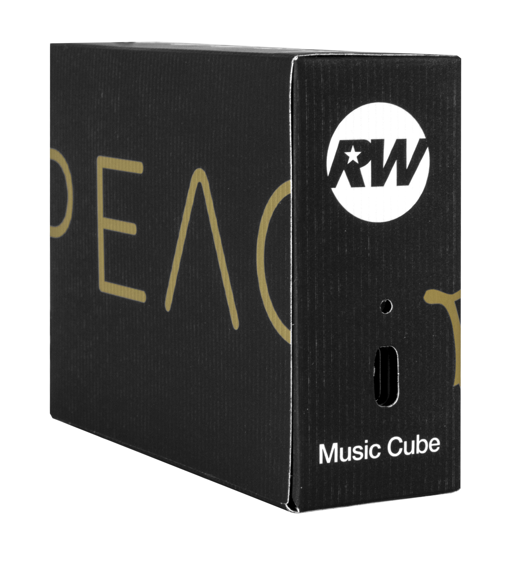 Czarne pudełko ze złotym napisem 'PEAC', białym logo w kole i tekstem 'Music Cube'.