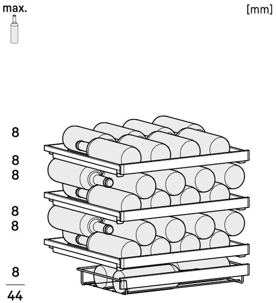 Diagramm eines Weinregals mit mehreren Flaschen. Das Regal hat vier Ebenen, jede mit Flaschen. Zahlen zeigen die Höhe in mm an.