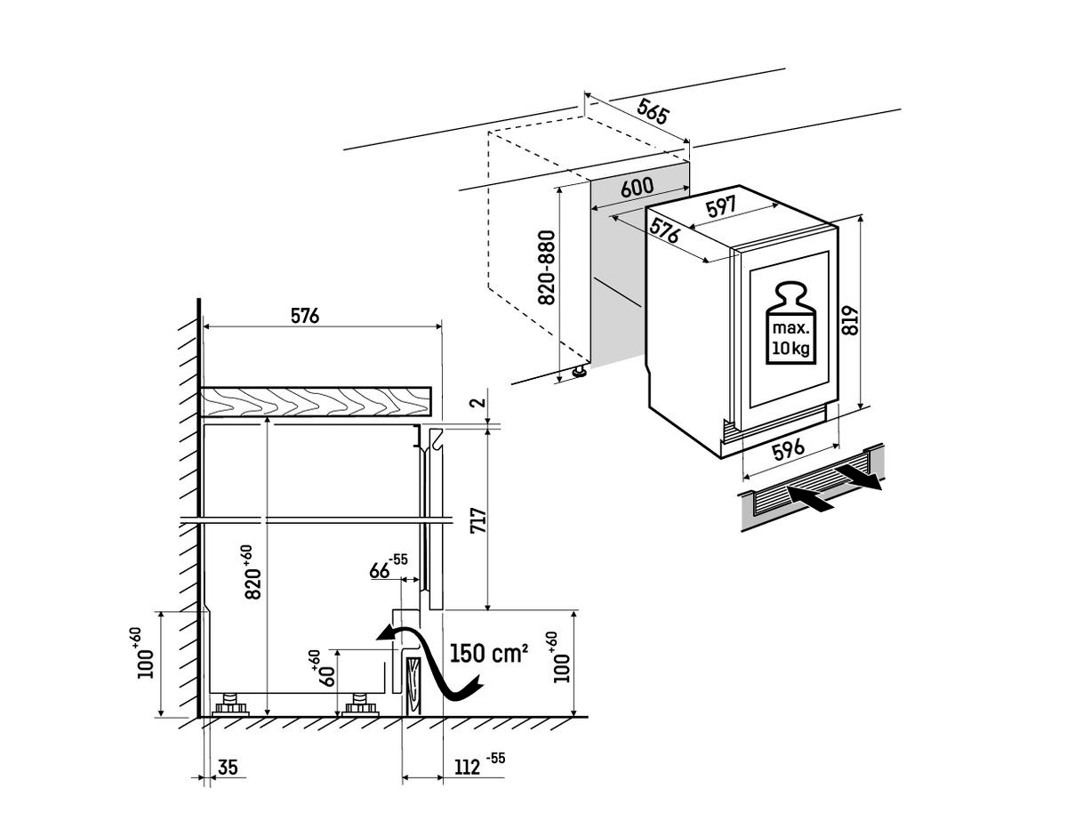 Diagramm eines Einbaugeräts mit Abmessungen. Zeigt einen Kühlschrank mit Millimeter-Abmessungen und einer Gewichtsgrenze von 10 kg.