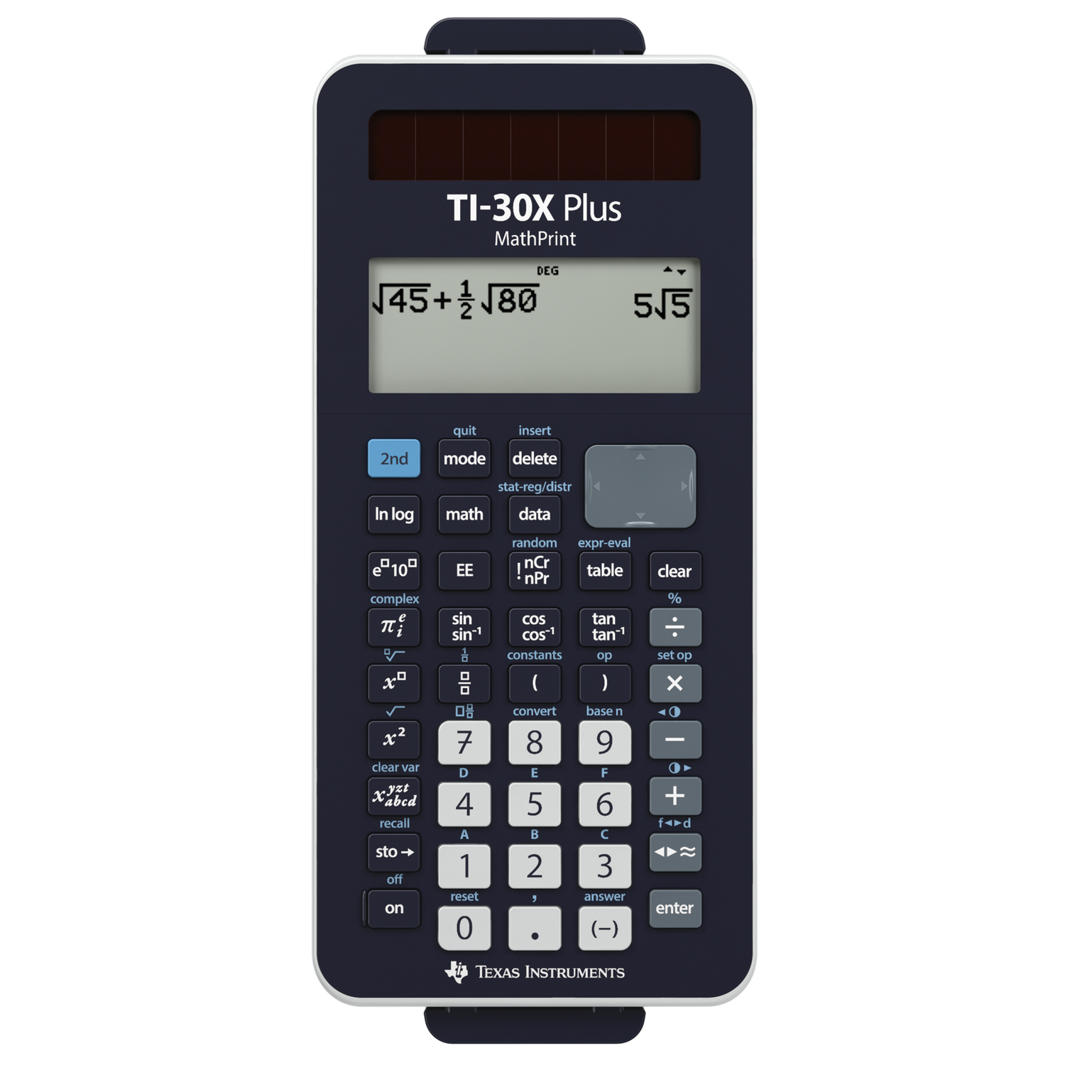 Une calculatrice TI-30X Plus MathPrint affiche un problème mathématique. Des boutons pour diverses fonctions et chiffres sont visibles.