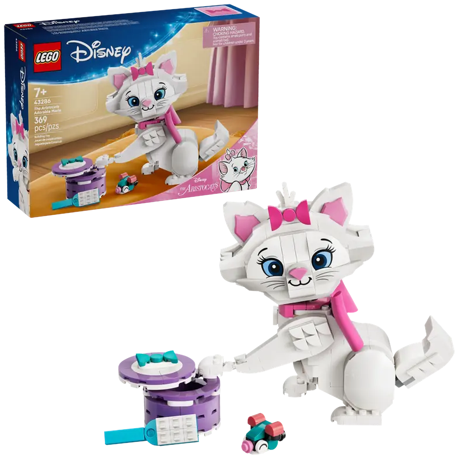 LEGO Disney set featuring Marie from The Aristocats. Includes a white cat figure, purple accessories, and a box with the set image.