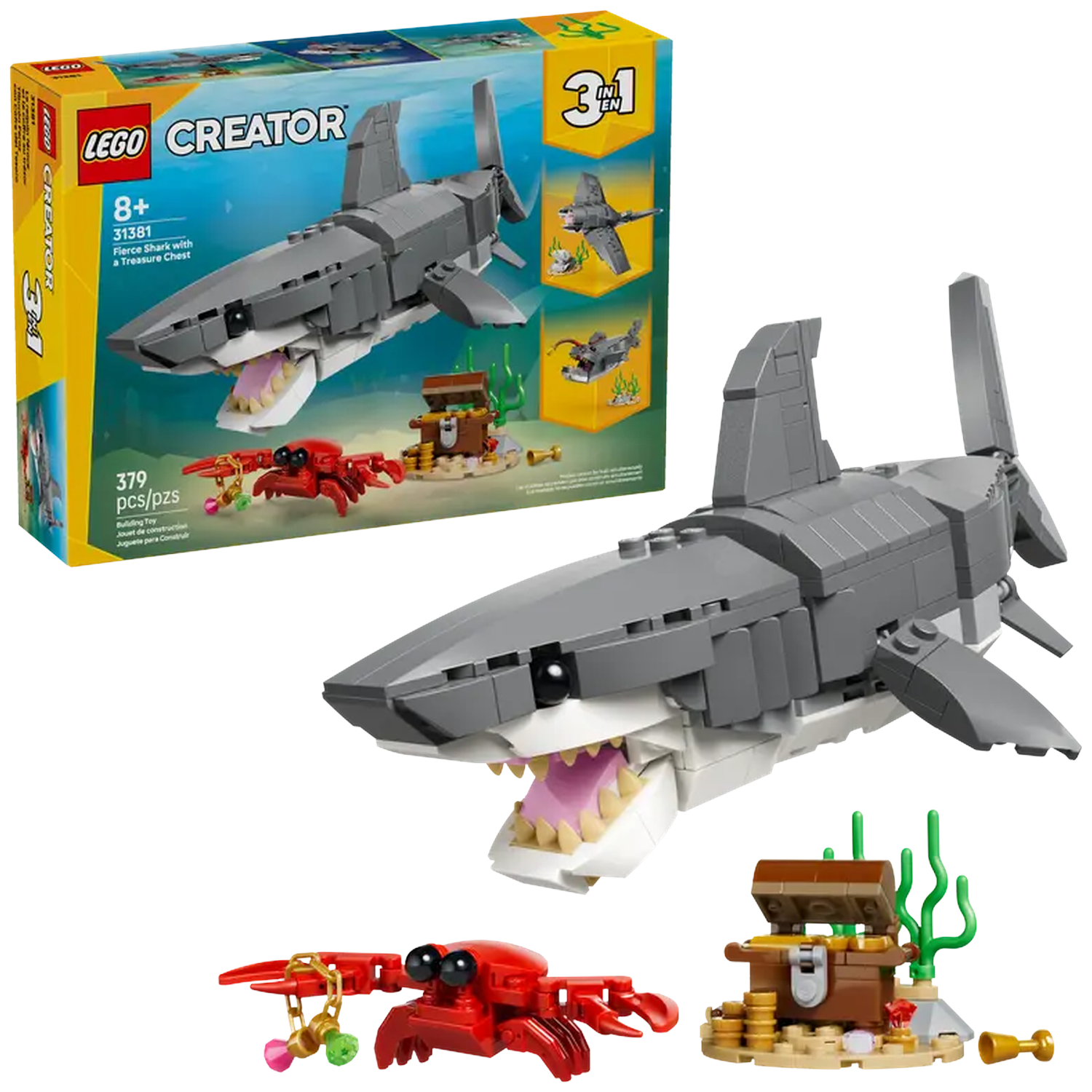 LEGO Creator set: a shark, crab, treasure chest. The box shows the shark, with a crab and a chest. 379 pieces.