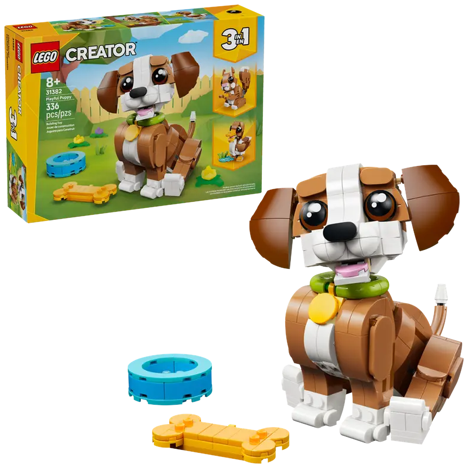 A Lego Creator set. A brown, white, and tan puppy, a blue bowl, and a yellow bone are shown. The box is in the background.