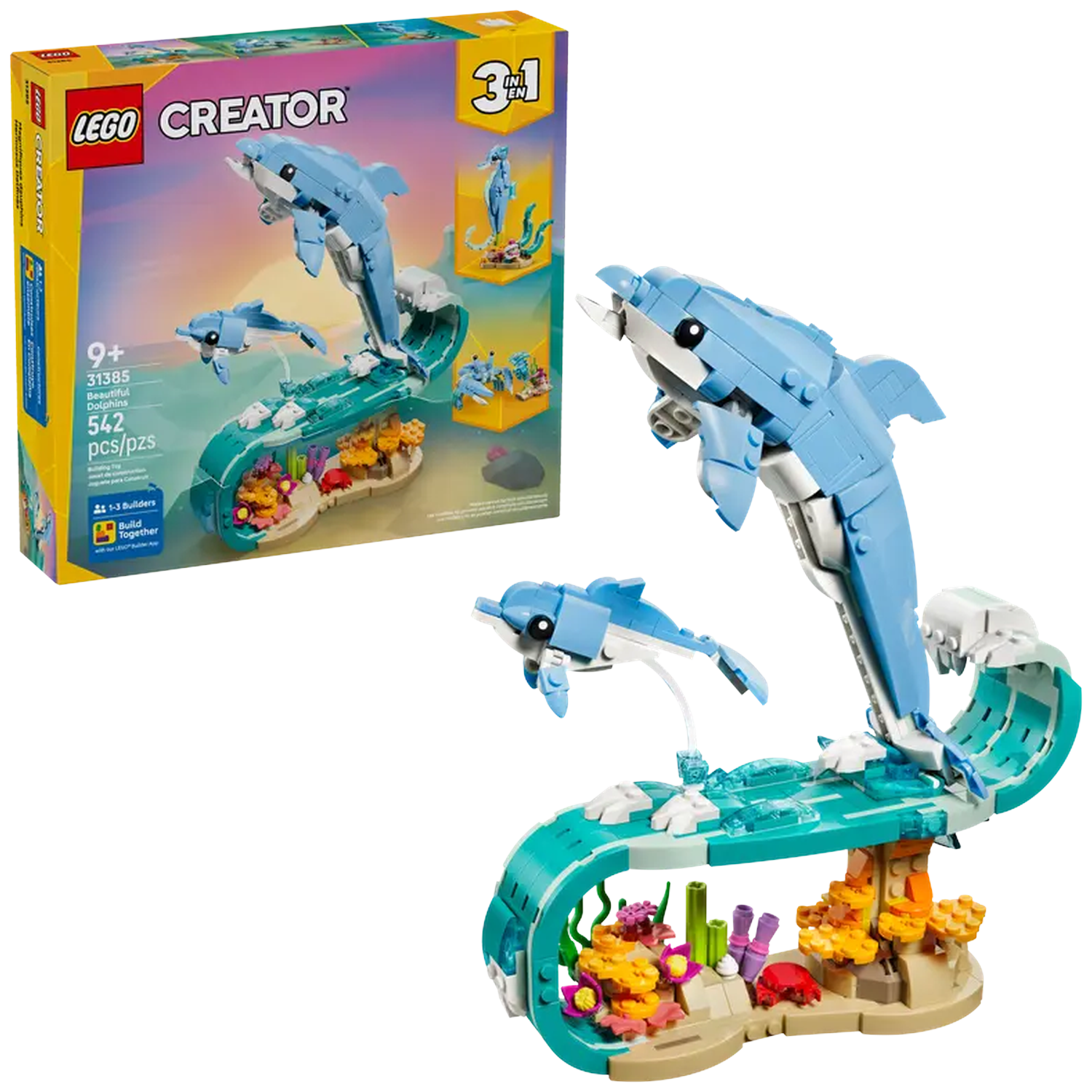 A Lego Creator set features two leaping blue dolphins above a wave, set on a base with coral and a box in the background.