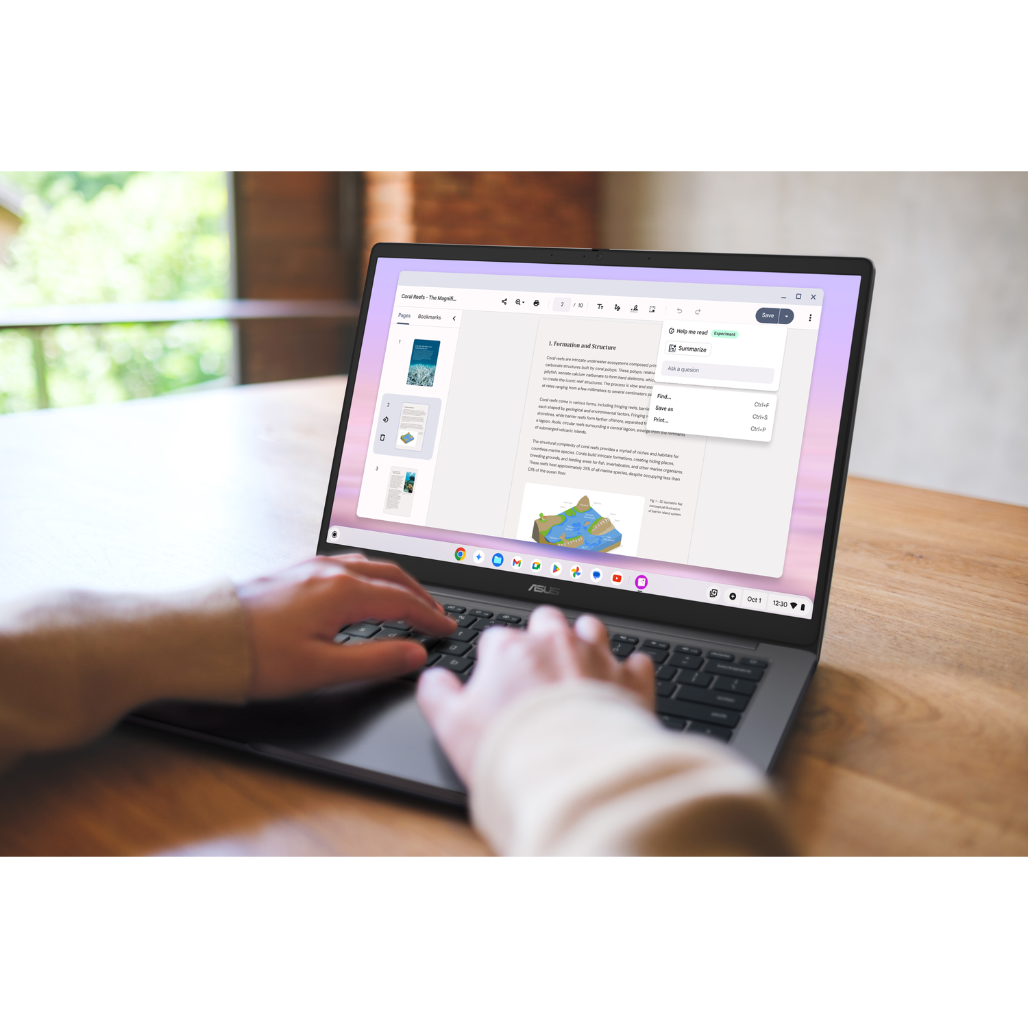 A person uses a laptop. The screen shows a document about coral reefs. Hands are on the keyboard.