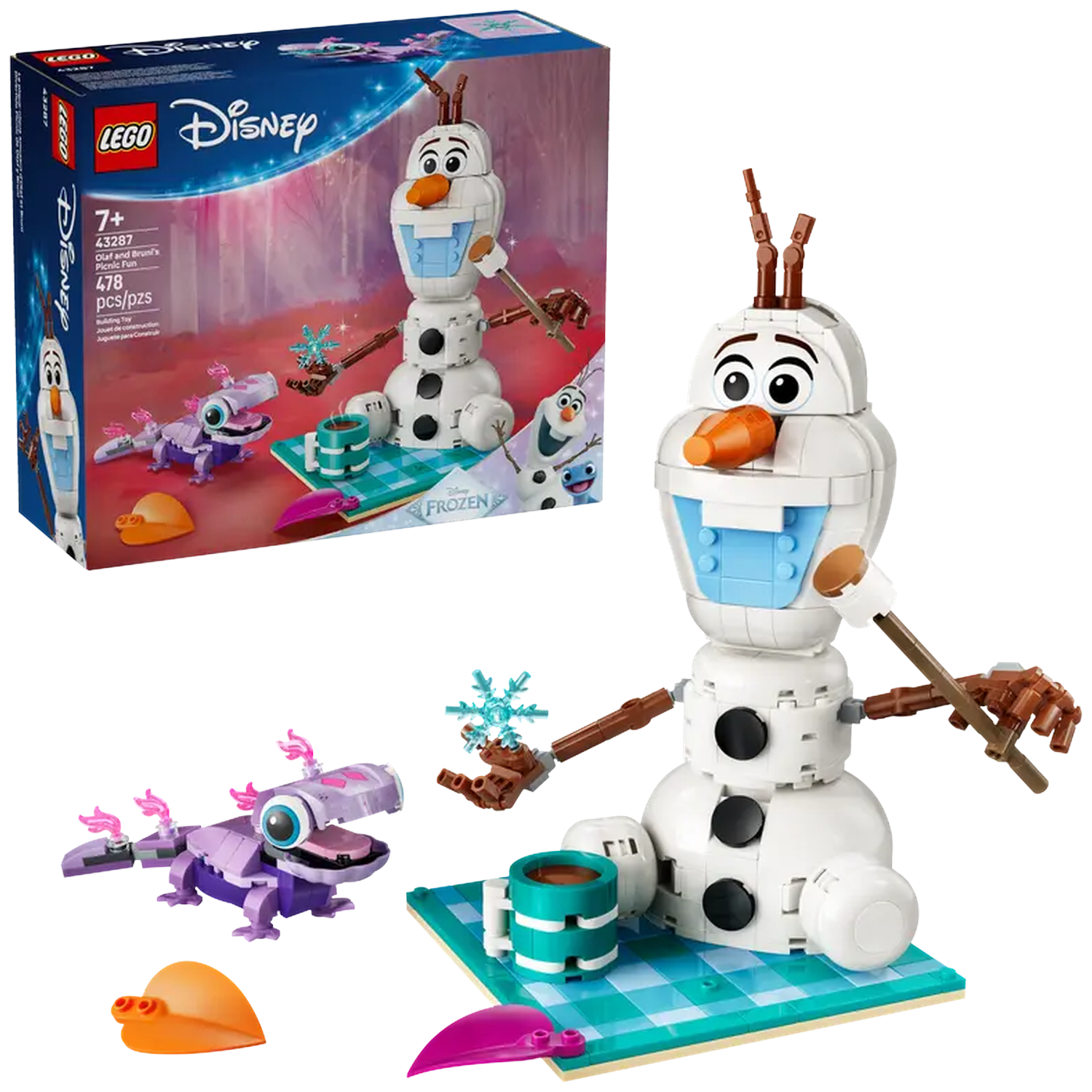 LEGO Disney set featuring Olaf and Bruni. Includes a snowman, purple lizard, and picnic setting with a mug on a checkered blanket.