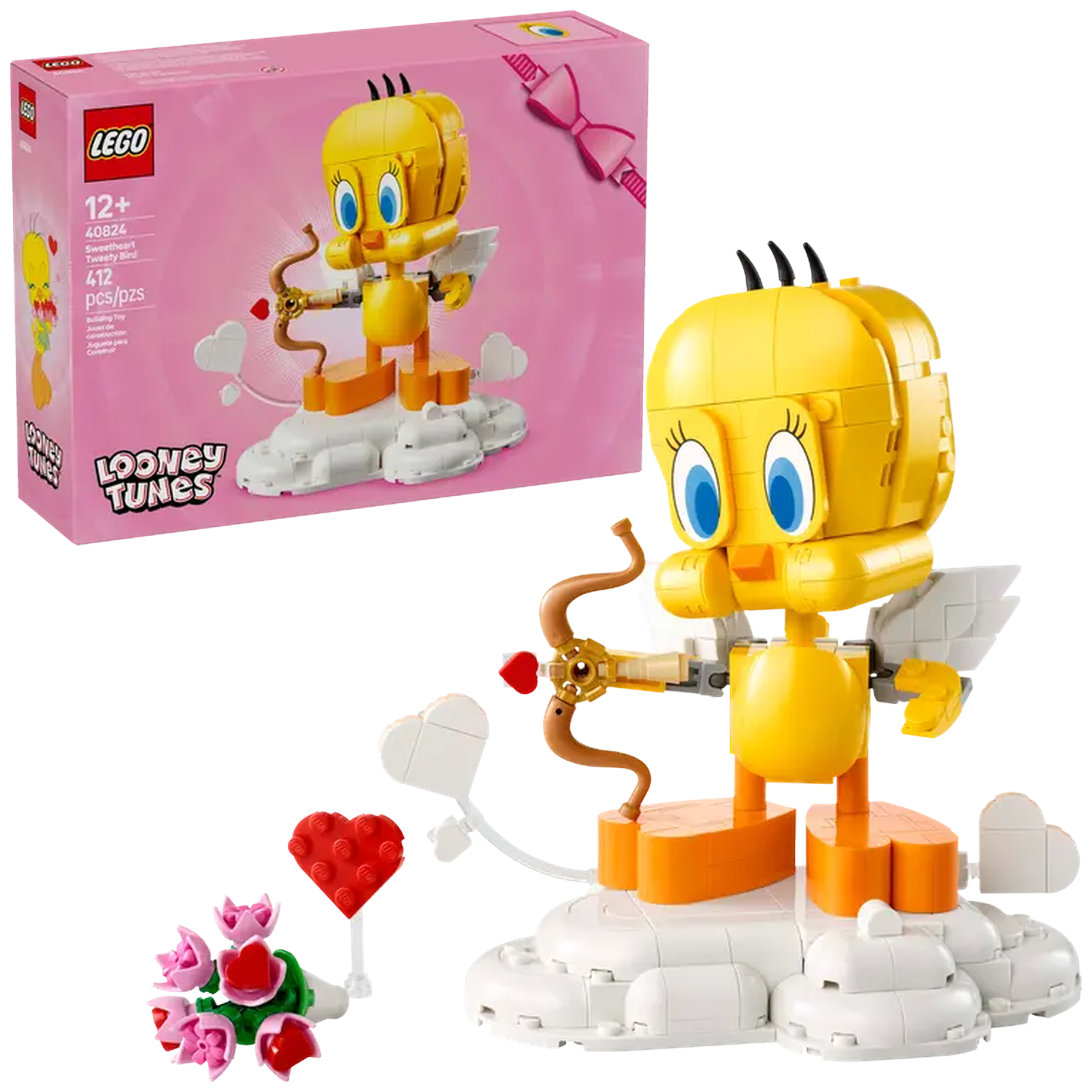 Een Lego-set van Tweety Bird als Cupido. Het houdt een boog en pijl vast, staat op een wolk en is omringd door harten en bloemen.