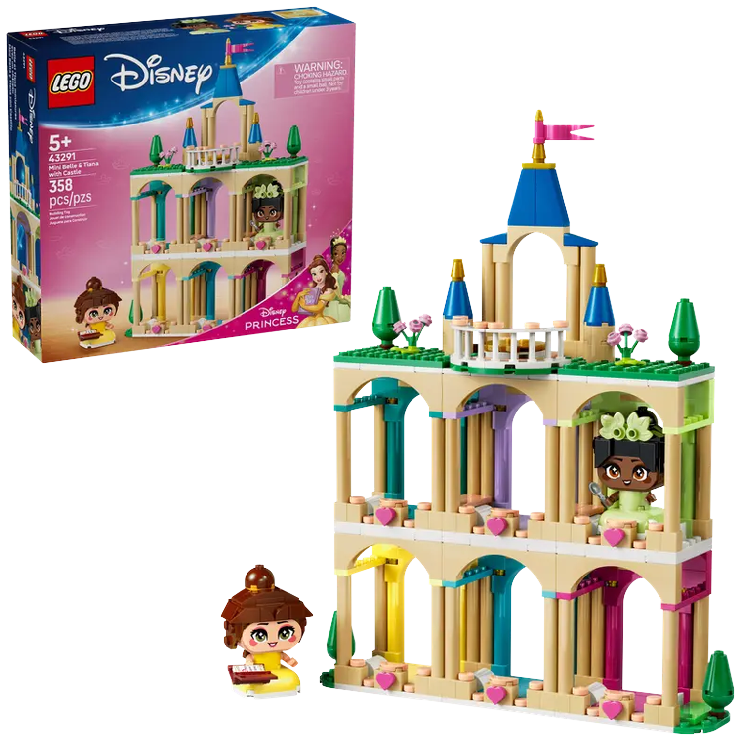 A Lego Disney Princess set. It shows a castle with Belle and Tiana figures. The box is in the background.