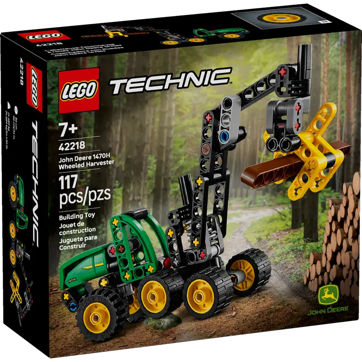 A Lego Technic set box featuring a John Deere wheeled harvester. The box shows the assembled model in a forest setting.