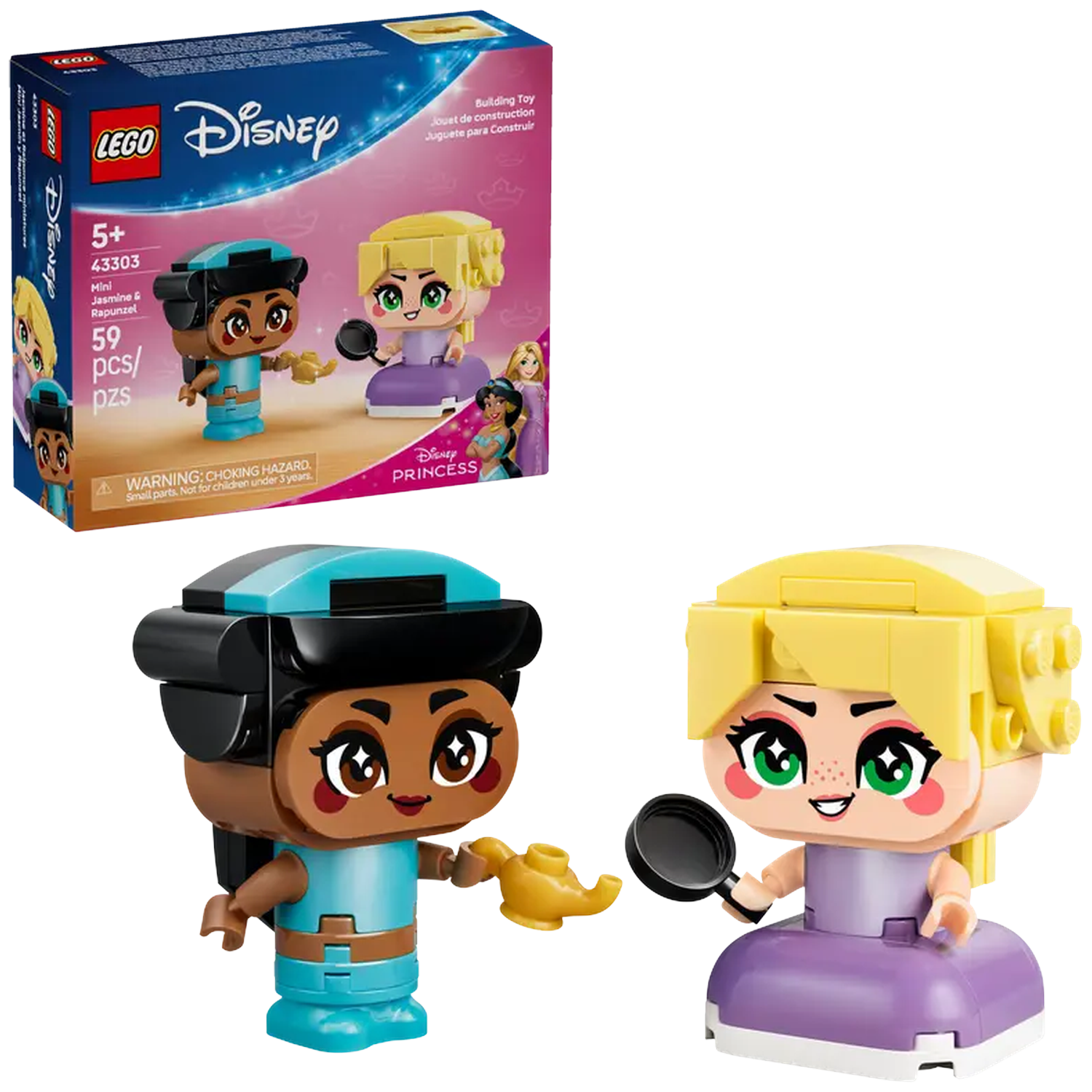 Lego Disney Princess set featuring Jasmine and Rapunzel figures, with a box showing the figures and the Lego logo.