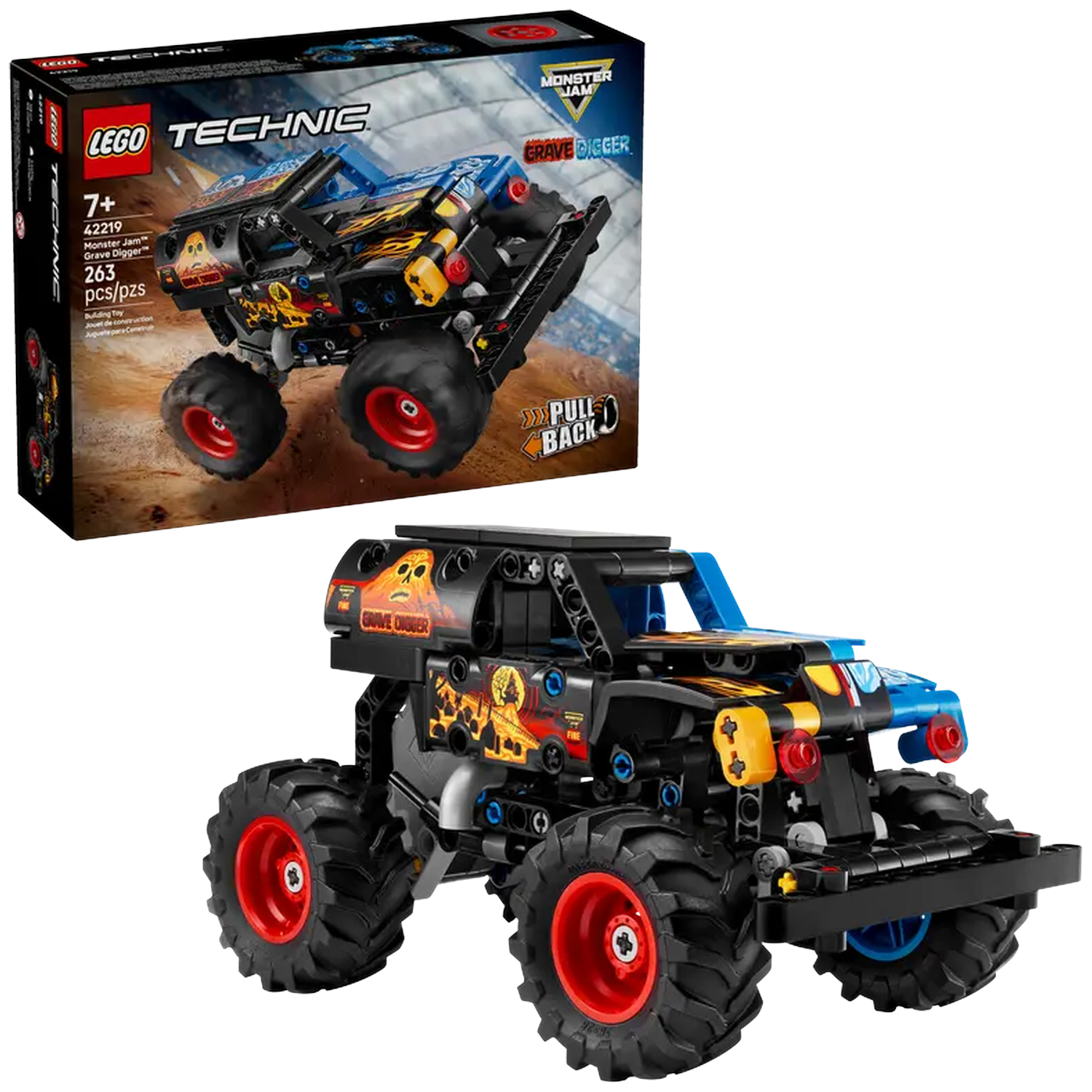 A Lego Technic Grave Digger monster truck. It's black with red and yellow accents, large tires with red rims, and a blue roll cage.