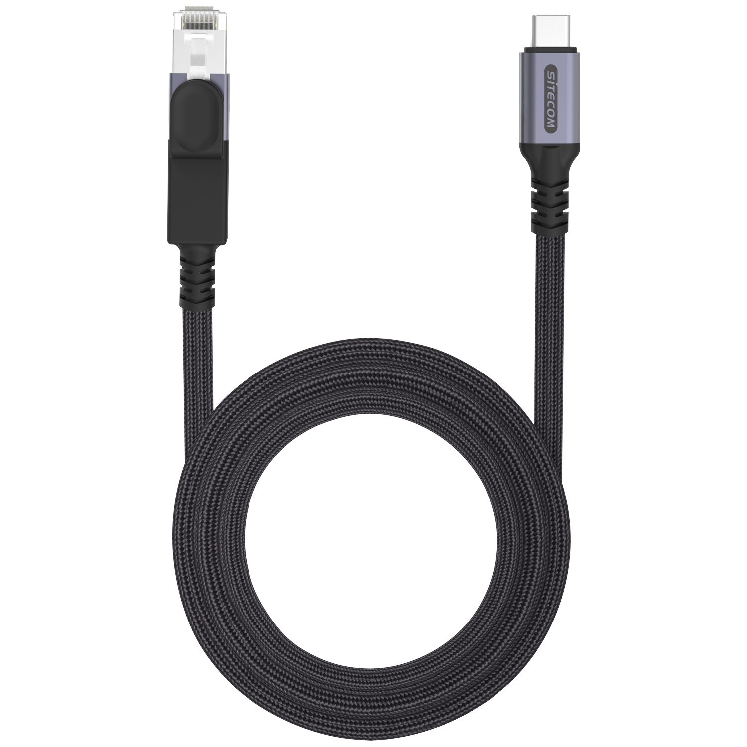 A black and gray cable with an Ethernet and USB-C connector. The cable is looped. The background is white.