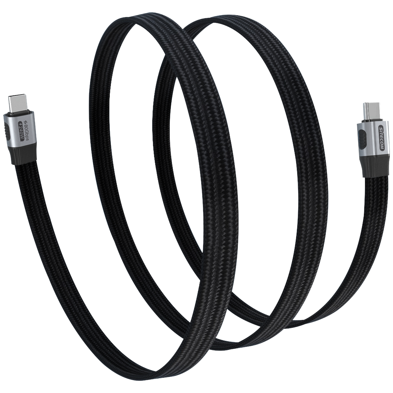 A black USB-C cable, coiled, with silver connectors on each end. The cable has a textured surface, and the background is white.