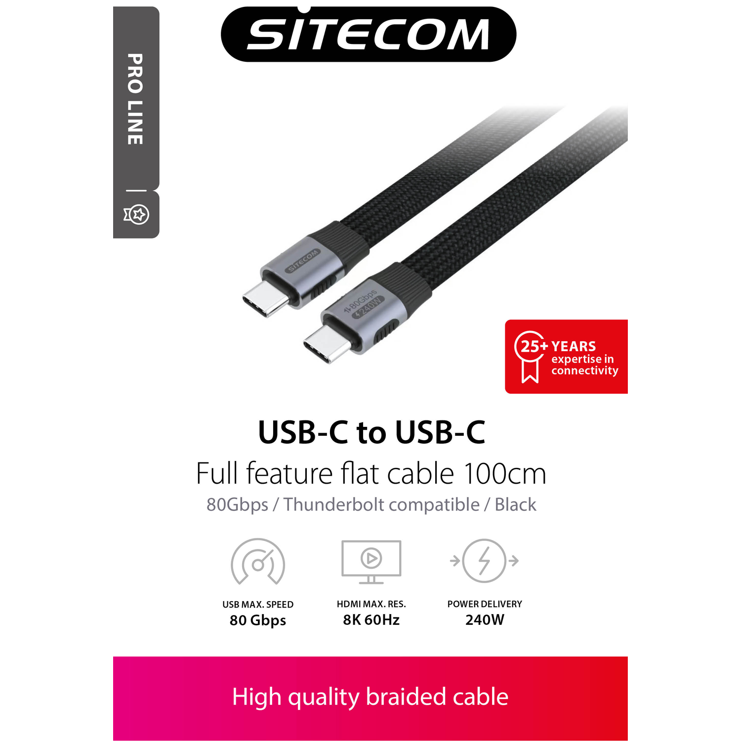 Image shows a USB-C to USB-C cable with braided design. Text details 80Gbps speed, 8K 60Hz resolution, and 240W power delivery.
