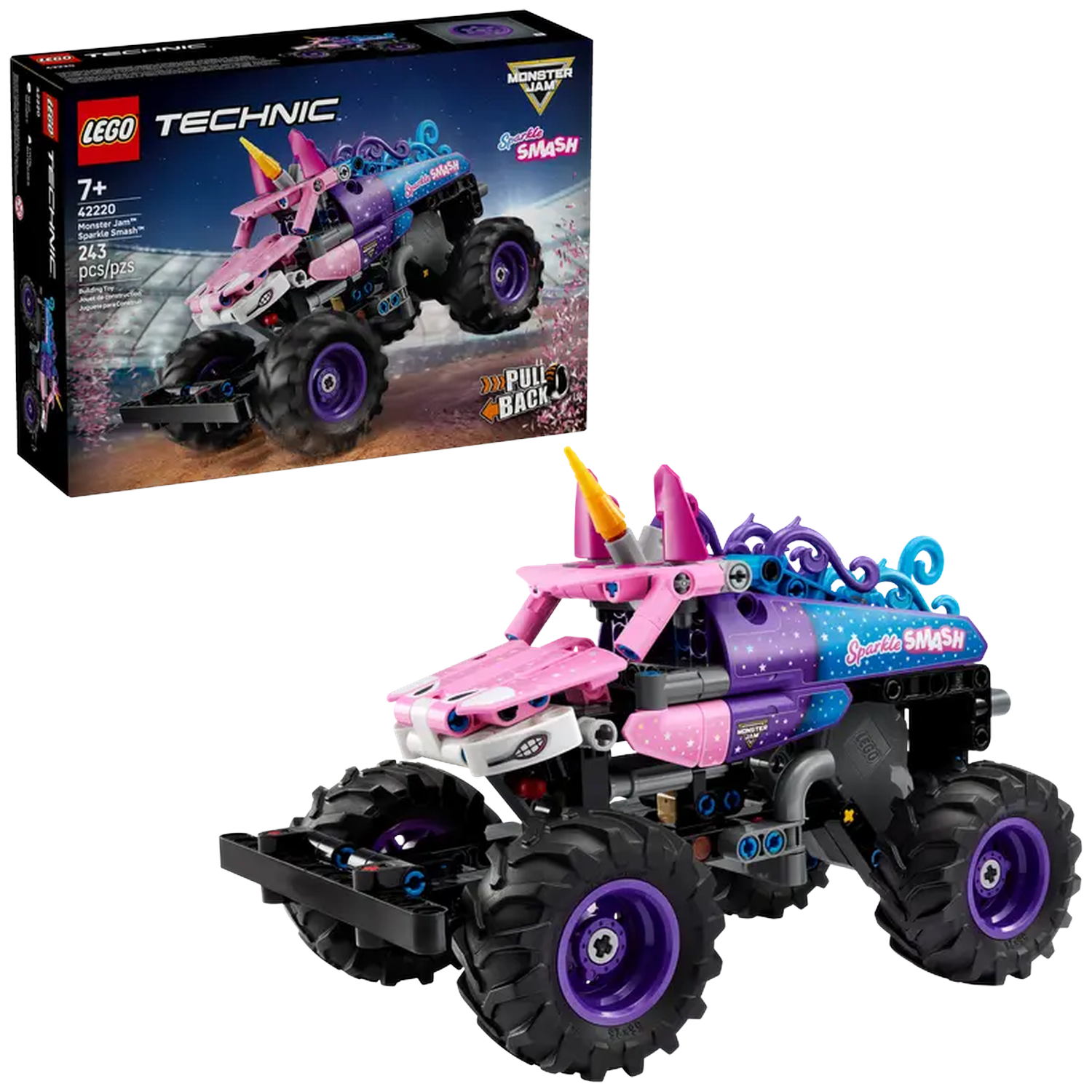 A Lego Technic Monster Jam Sparkle Smash set. The monster truck is pink, purple, and blue with large black wheels and purple rims.