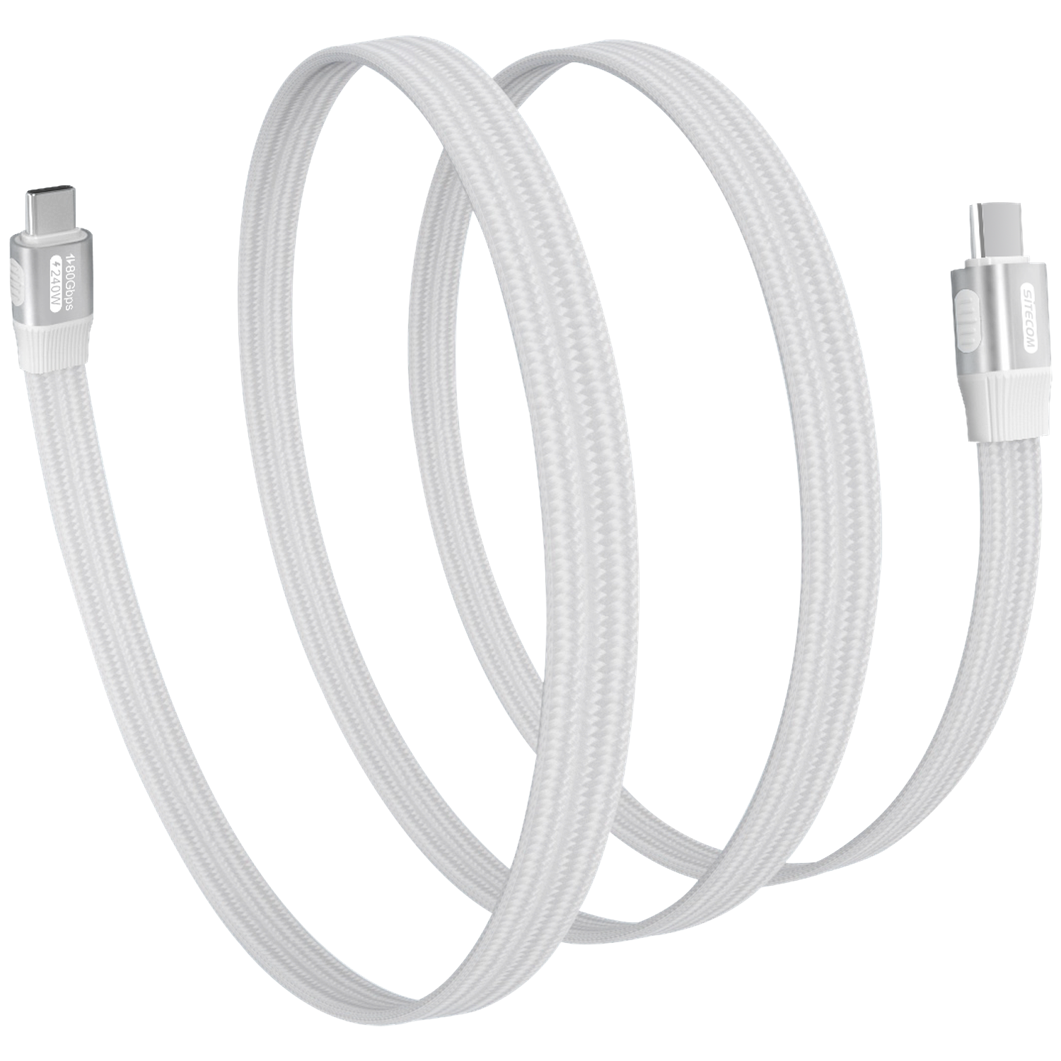 A white USB-C cable, coiled, with connectors at each end. One end has '240W' and '10Gbps' text. The other has 'SITECOM' text.