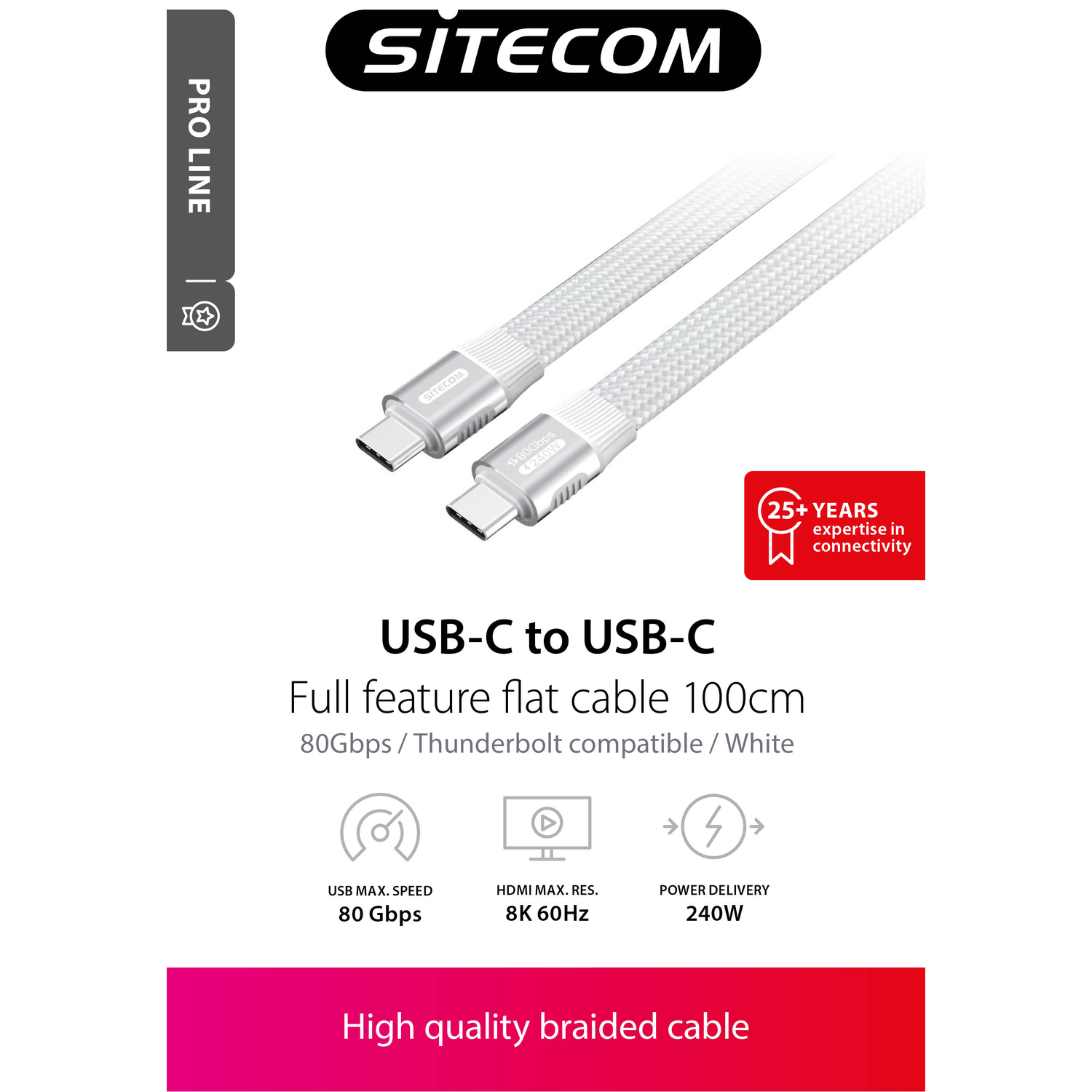 Image shows a white USB-C cable. Text includes 'SITECOM', 'USB-C to USB-C', and specifications like 80 Gbps and 240W power delivery.
