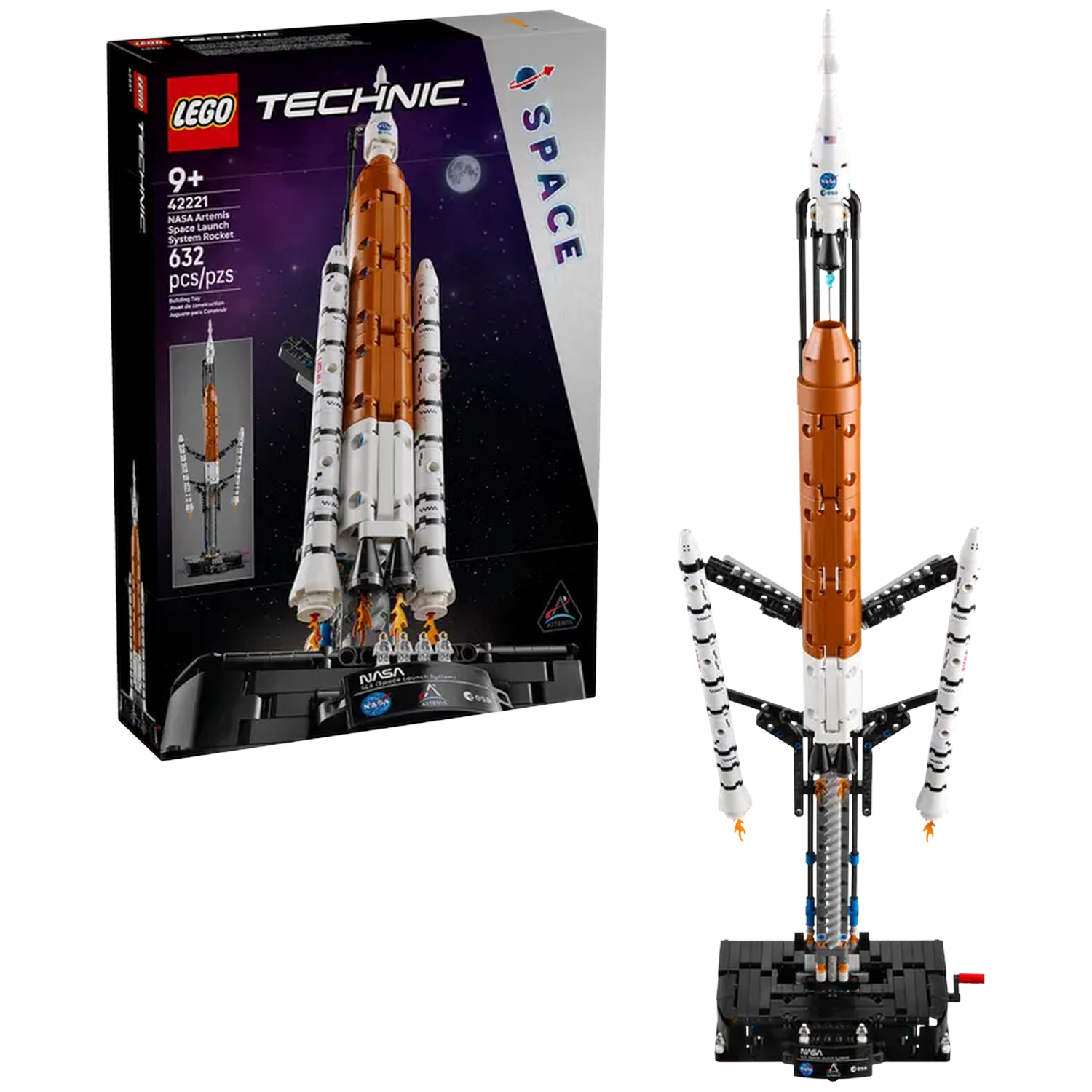 A Lego Technic set of the NASA Artemis rocket. The box shows the rocket model. The assembled model is on the right.