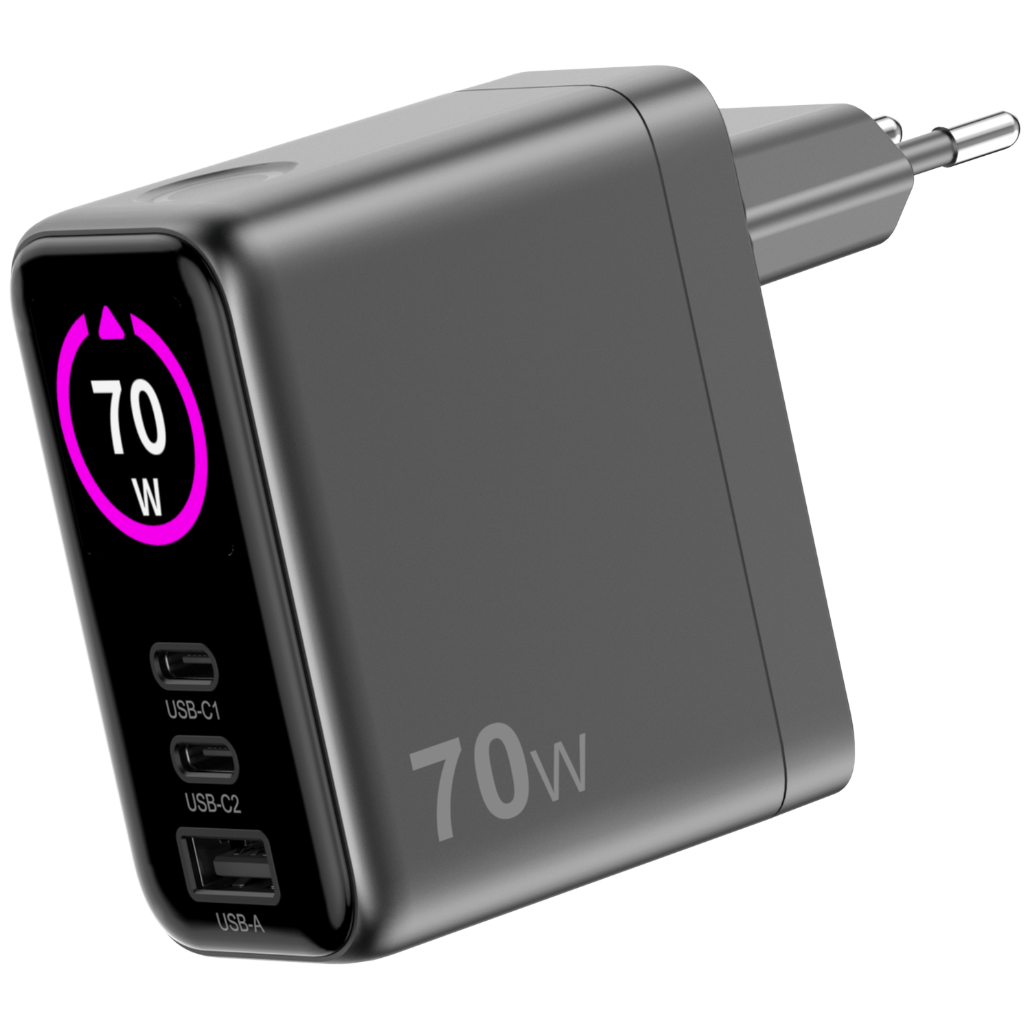 A dark gray 70W charger with USB ports. It has a display showing 70W. The charger has a plug for European outlets.