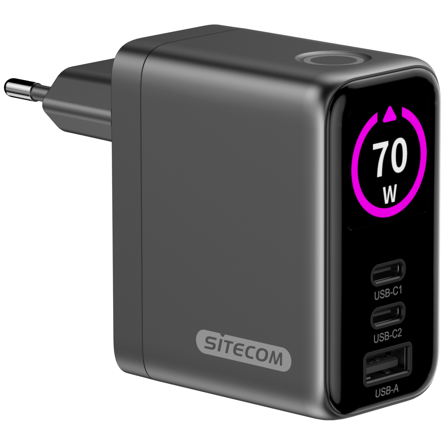 A black Sitecom charger with a display showing 70W. It has USB ports and a plug.