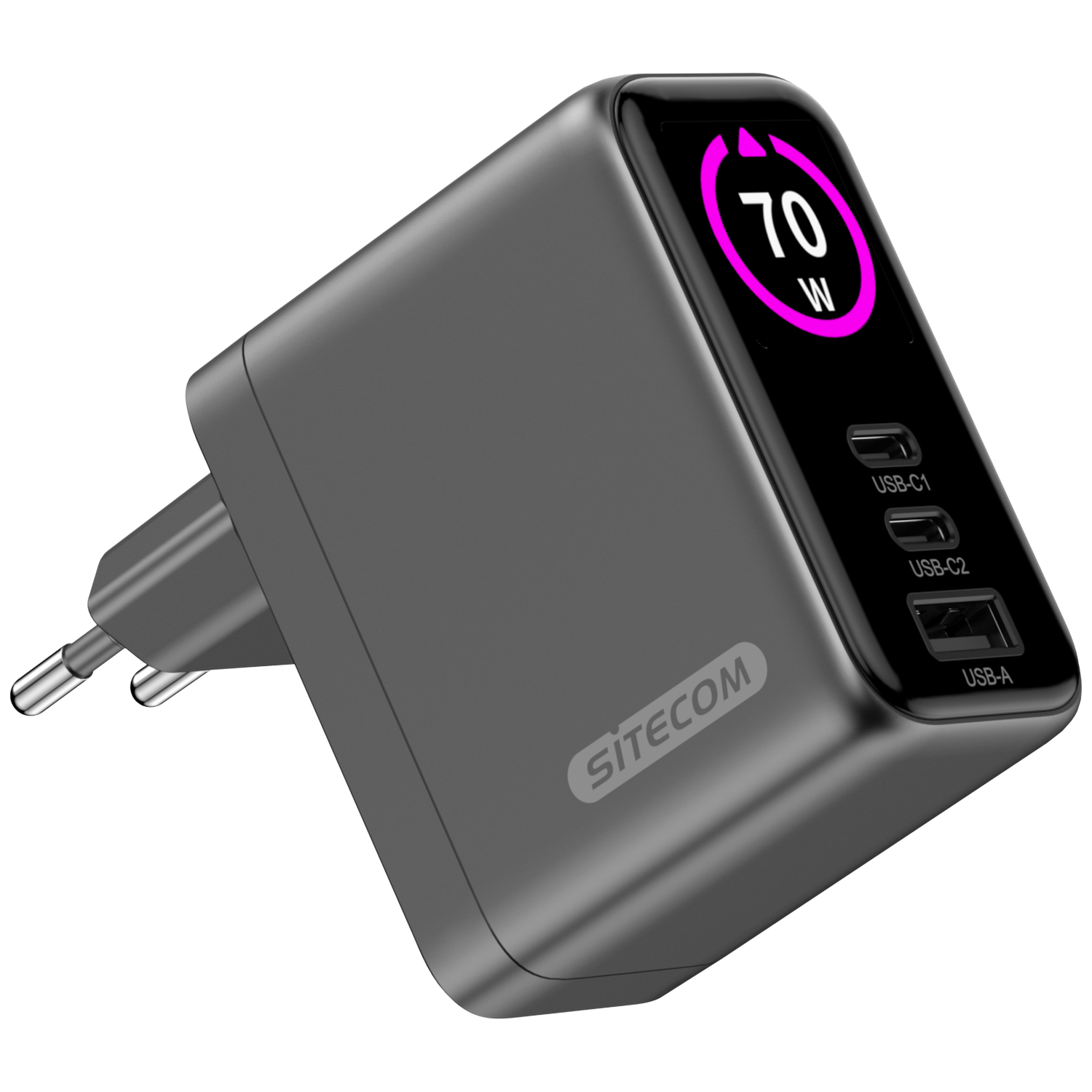 A gray SITECOM charger with a digital display showing 70W. It has USB-C and USB-A ports. A plug extends from its side.
