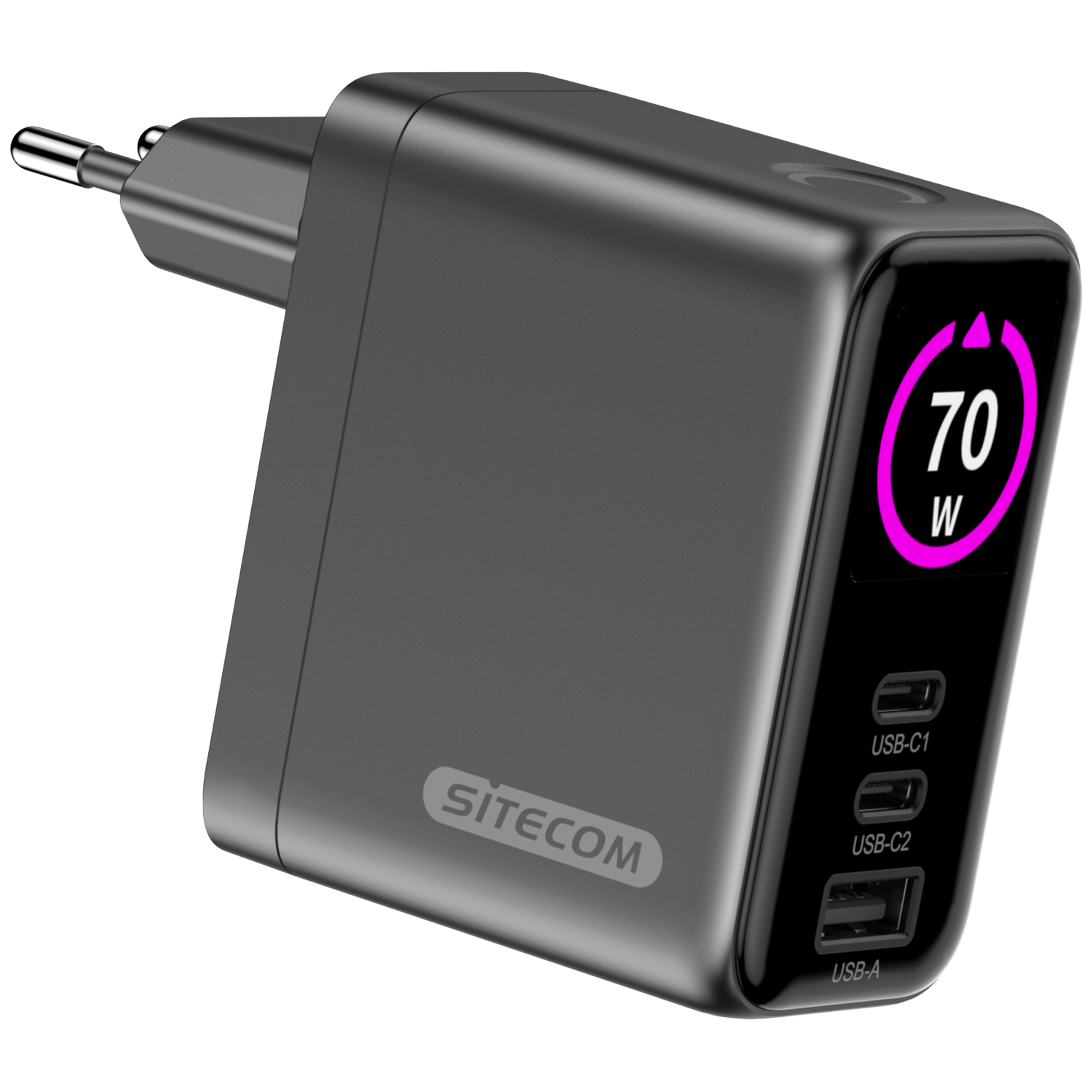 A black Sitecom charger with a display showing 70W. It has USB-C and USB-A ports. A plug is attached.