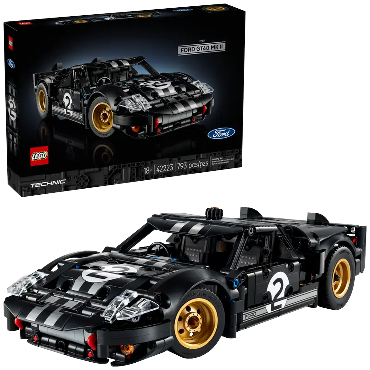 Een zwarte Lego Ford GT40 MK II automodel met witte strepen en nummer 2, gouden wielen en een doos van dezelfde auto.