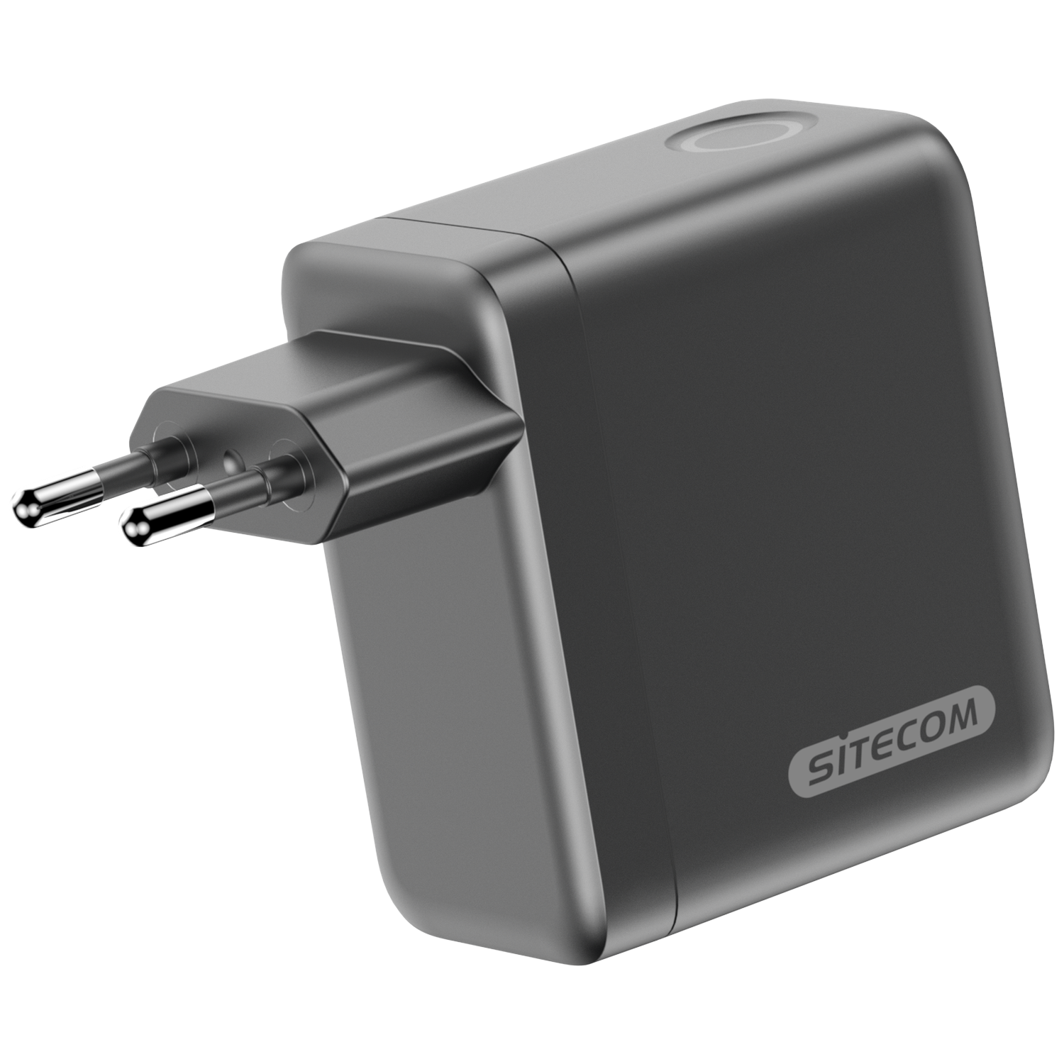 A gray SITECOM power adapter with two prongs. The adapter is rectangular with a rounded top and the SITECOM logo.