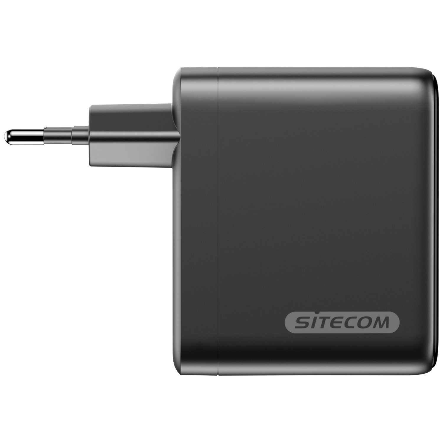 A black Sitecom charger with a plug extending to the left. The charger is on a white background.