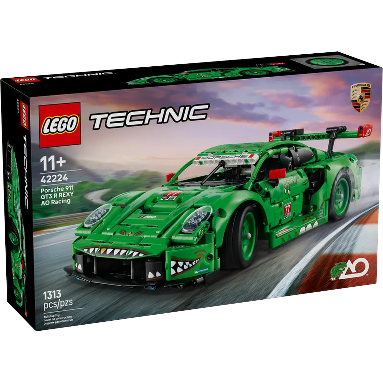 A Lego Technic box shows a green Porsche 911 GT3 R. It has a shark-like front and a race track background.