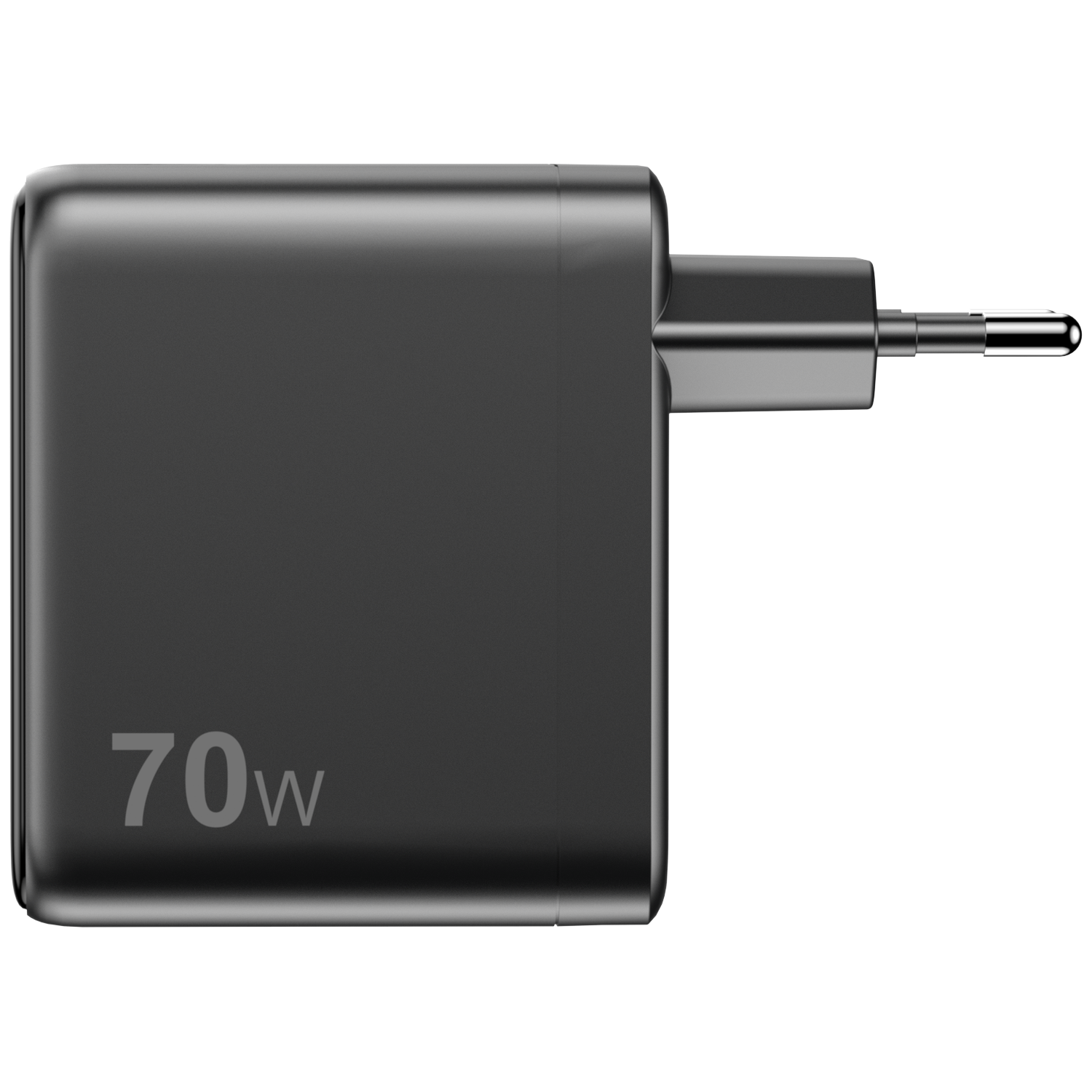 A black 70W power adapter. It has a square body and a metallic plug extending to the right.