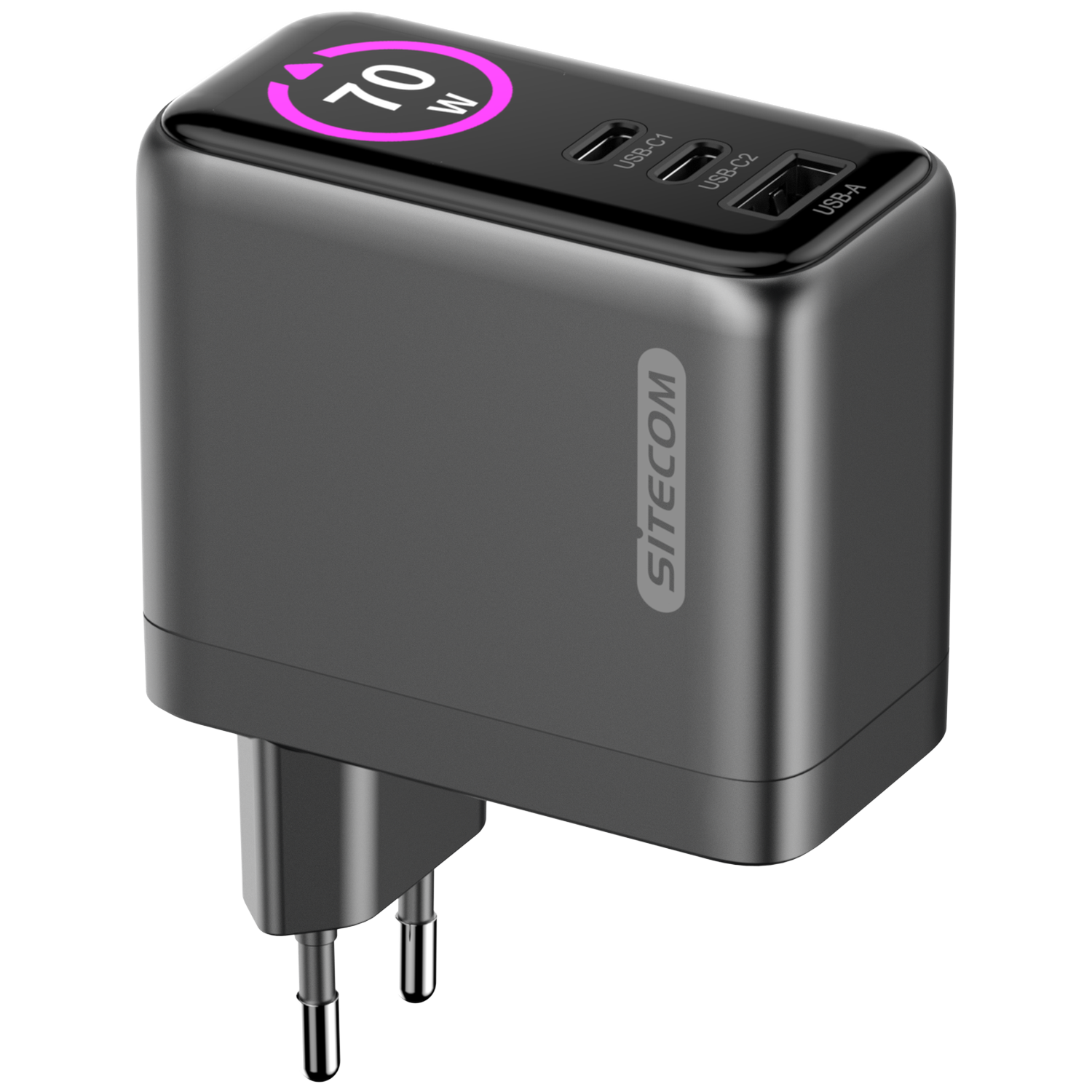 A black Sitecom charger with USB ports and a digital display showing '70'. It has a plug and a glossy finish.