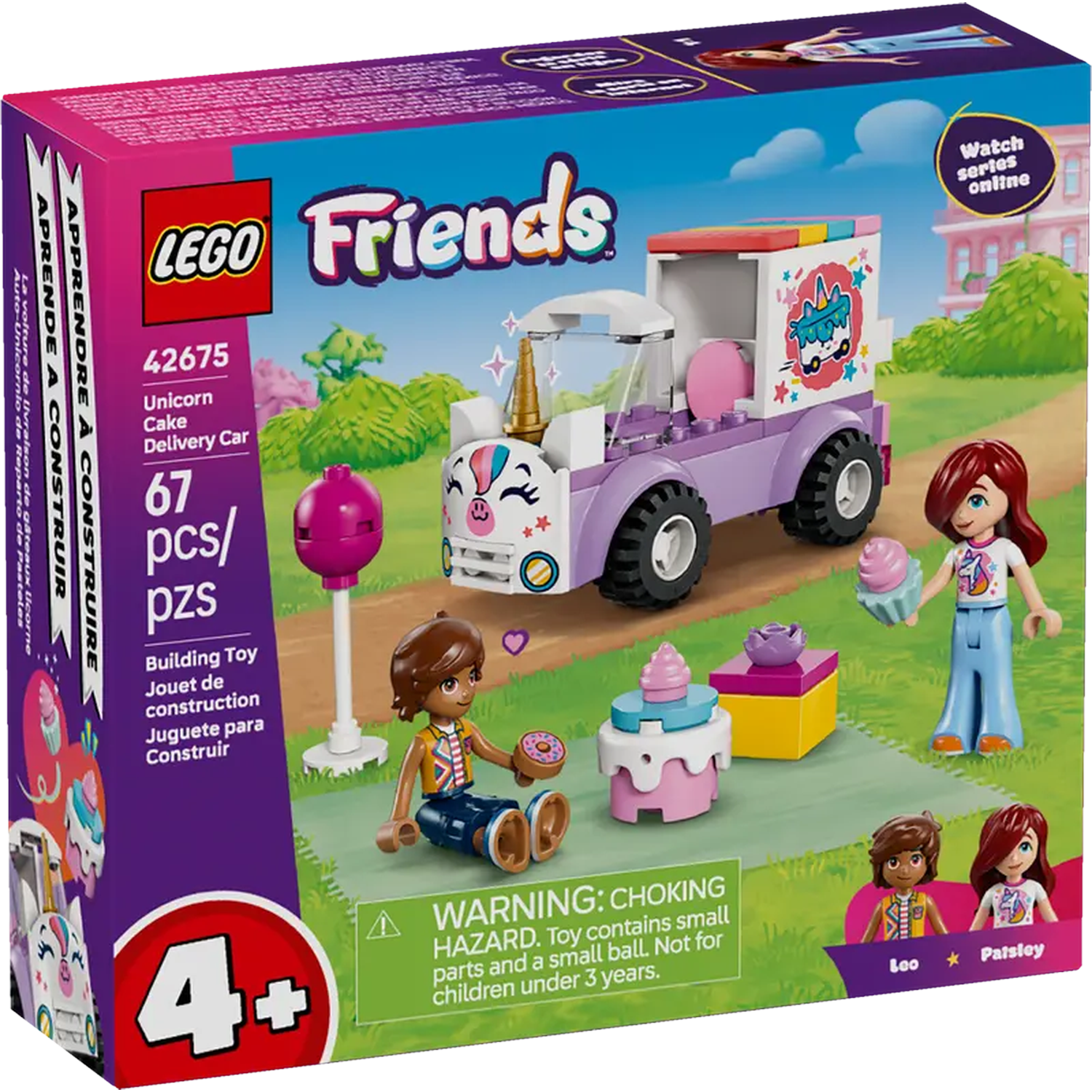 Lego Friends set box. It shows a unicorn cake delivery car and Lego figures of girls. The box is purple and pink.