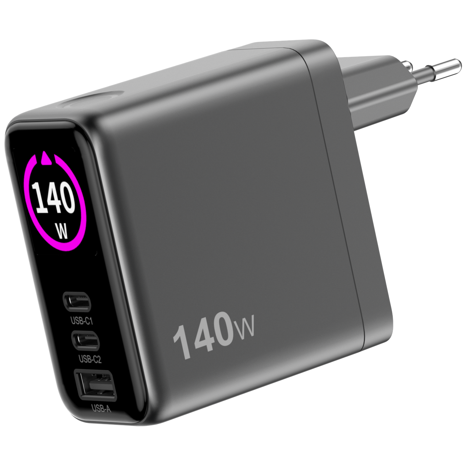 A black 140W charger with a display showing 140W, USB-C and USB-A ports, and a two-prong plug.