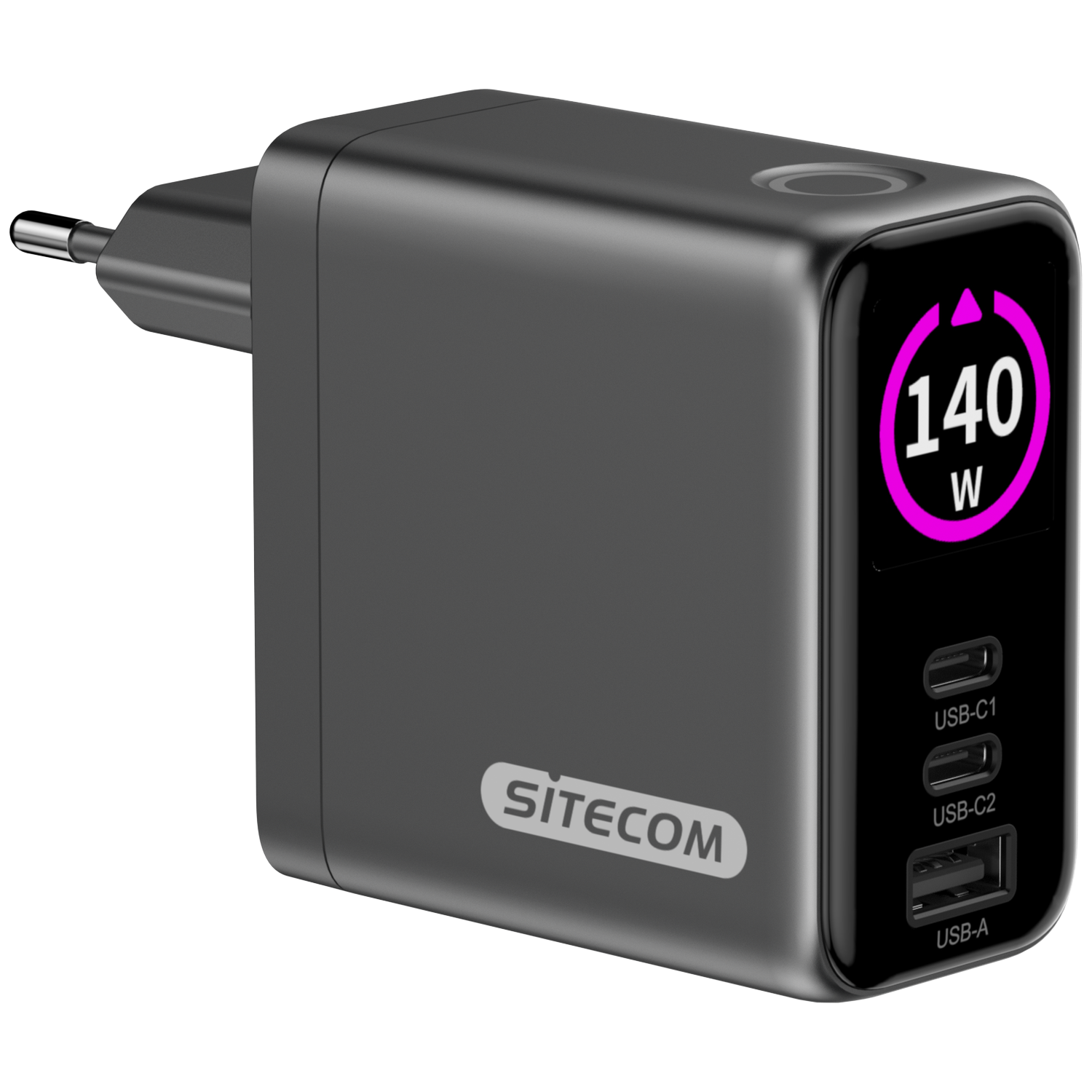 A black Sitecom charger with a plug. It has a display showing 140W and USB ports.