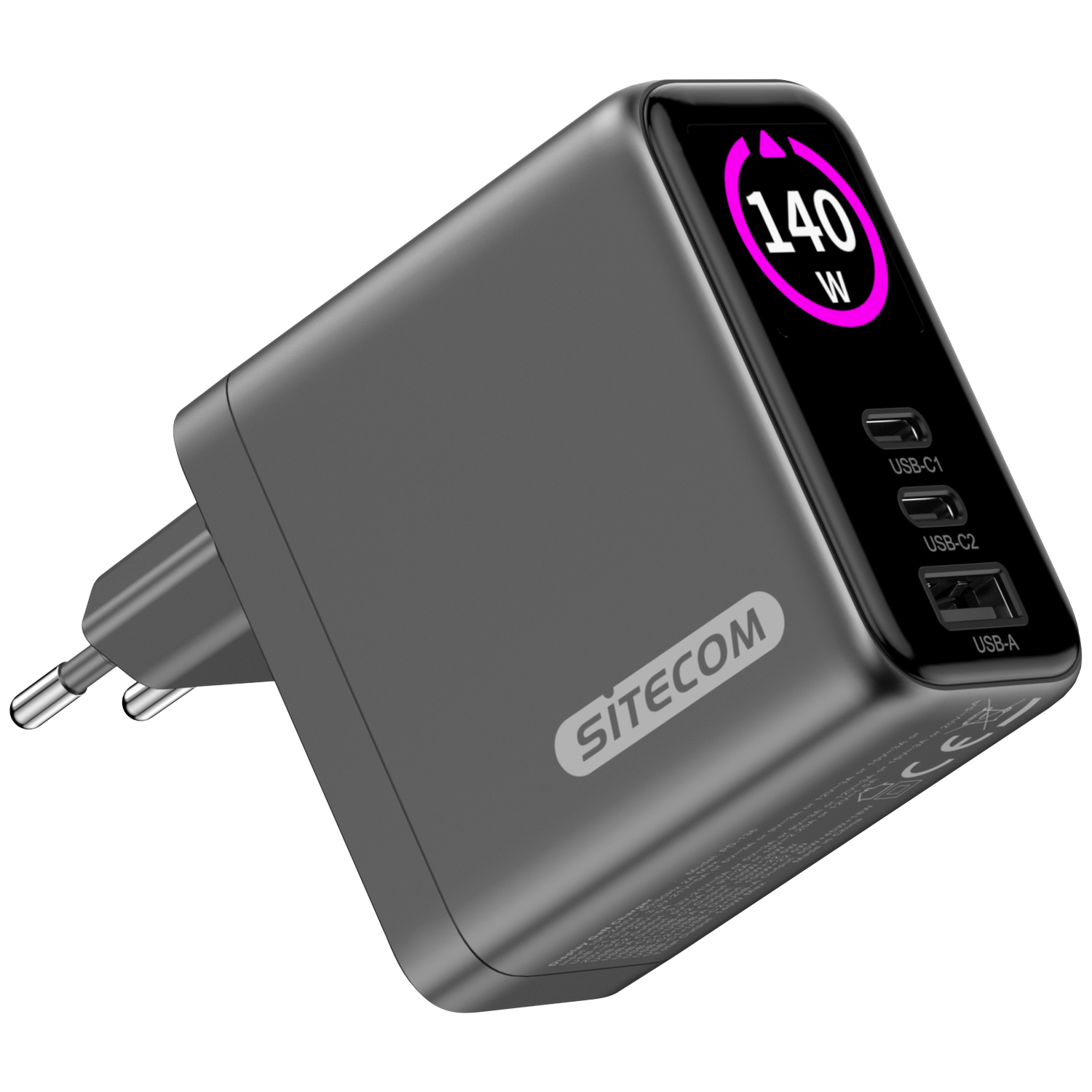 A gray SITECOM 140W USB charger. It has USB-C and USB-A ports. Display shows 140W. European plug.