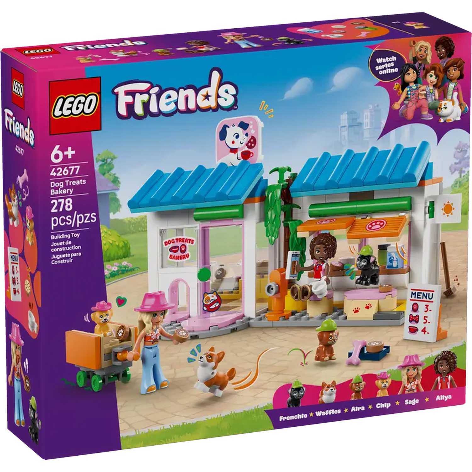 LEGO Friends Dog Treats Bakery set. Figures of people and dogs, shop with blue roof, and a dog cart.