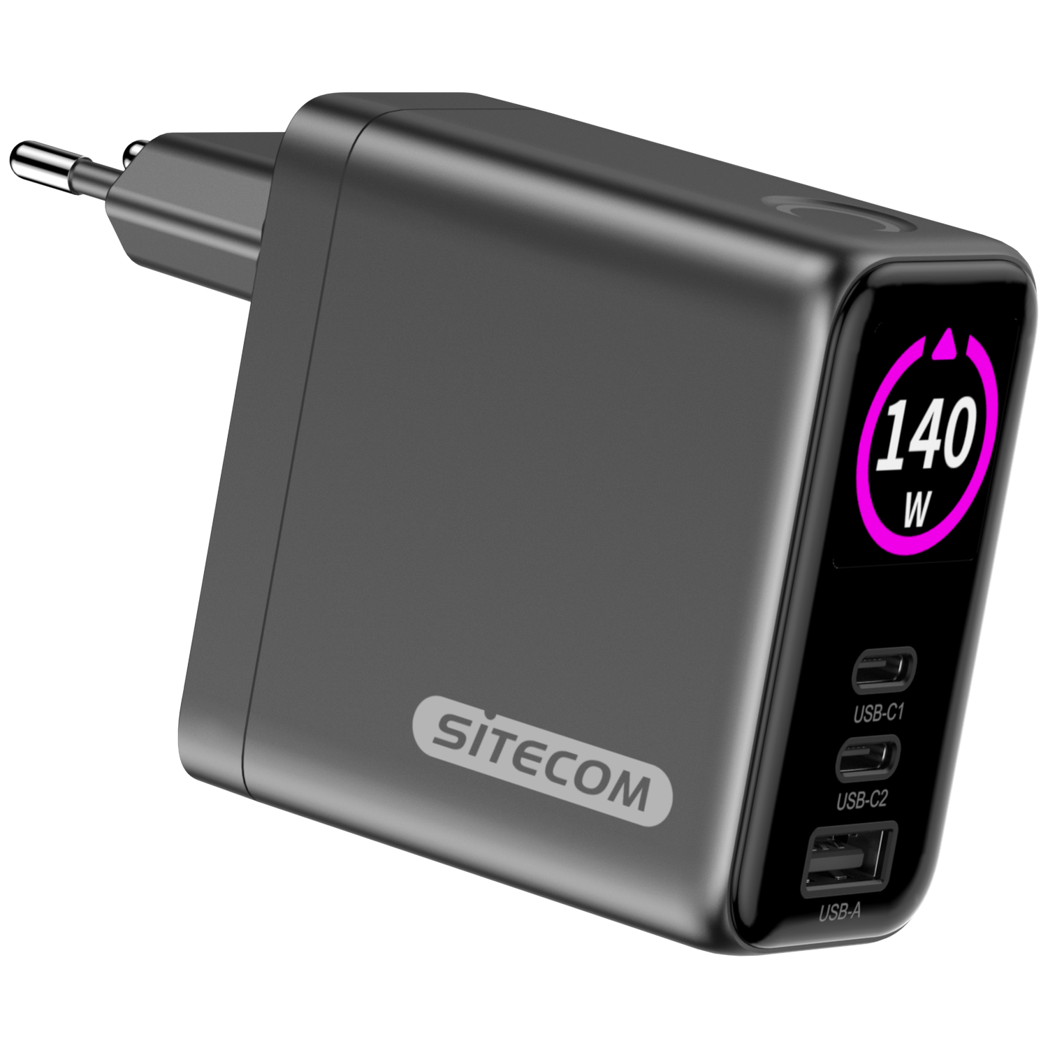 A dark gray Sitecom charger with a plug. It has a display showing 140W. Features USB-C and USB-A ports.
