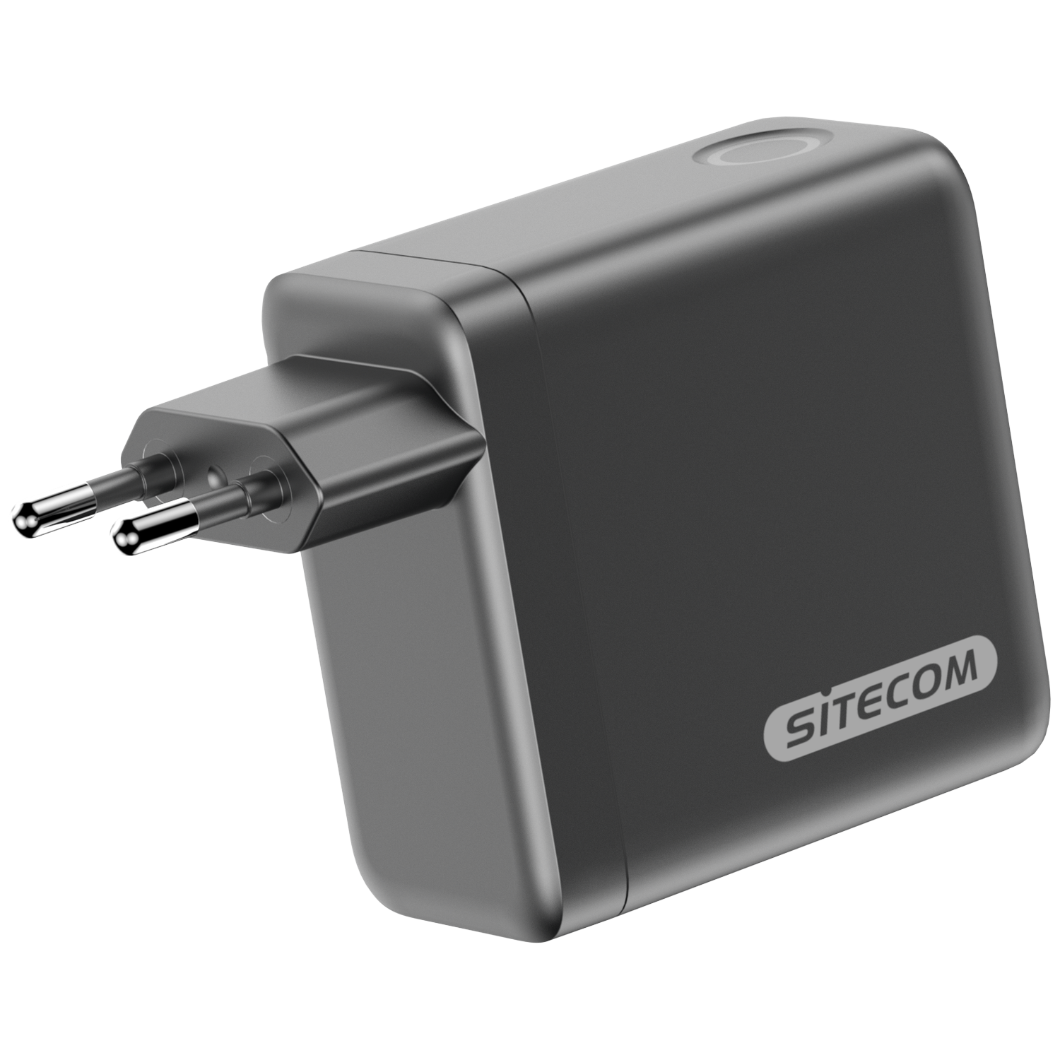 A dark gray SITECOM power adapter with two prongs. It has a rounded rectangular shape and a light indicator on top.
