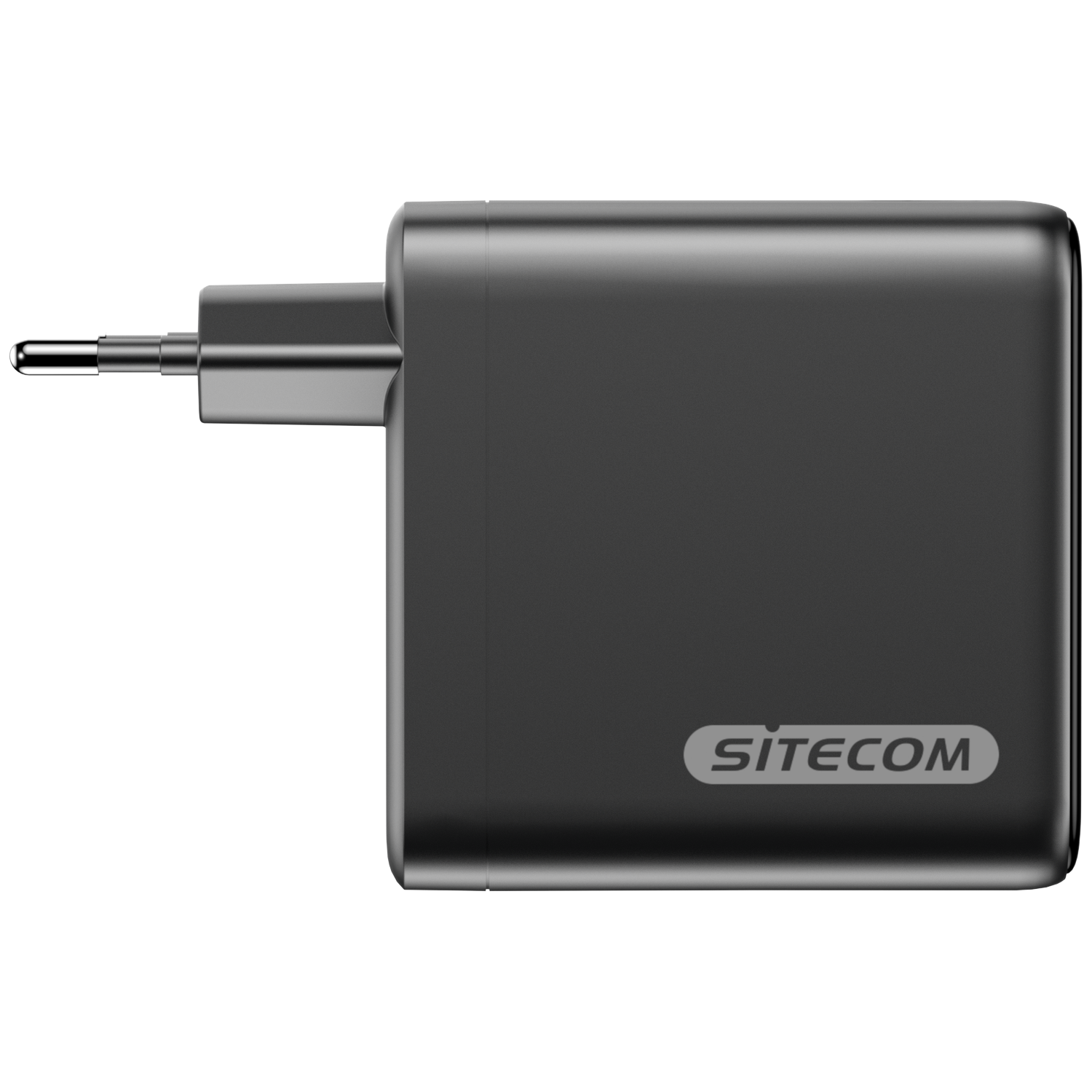 A black Sitecom power adapter. It has a plug on the left and a rectangular body with the brand name on it.